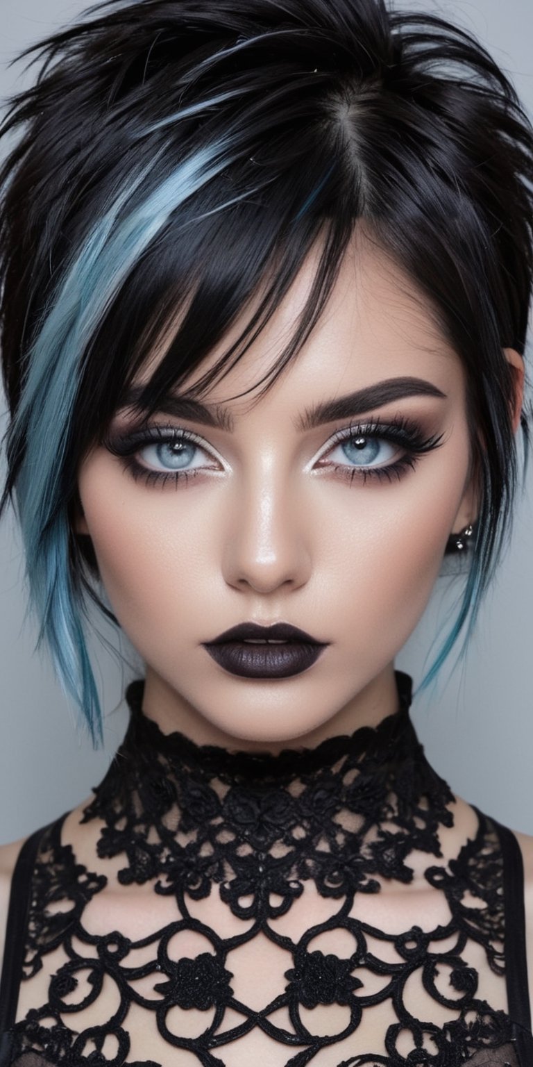 ((top quality)),  ((masterpiece)),  half body view of a young gothic girl with a hairstyle of punky by Feronzz on Tensor.Art