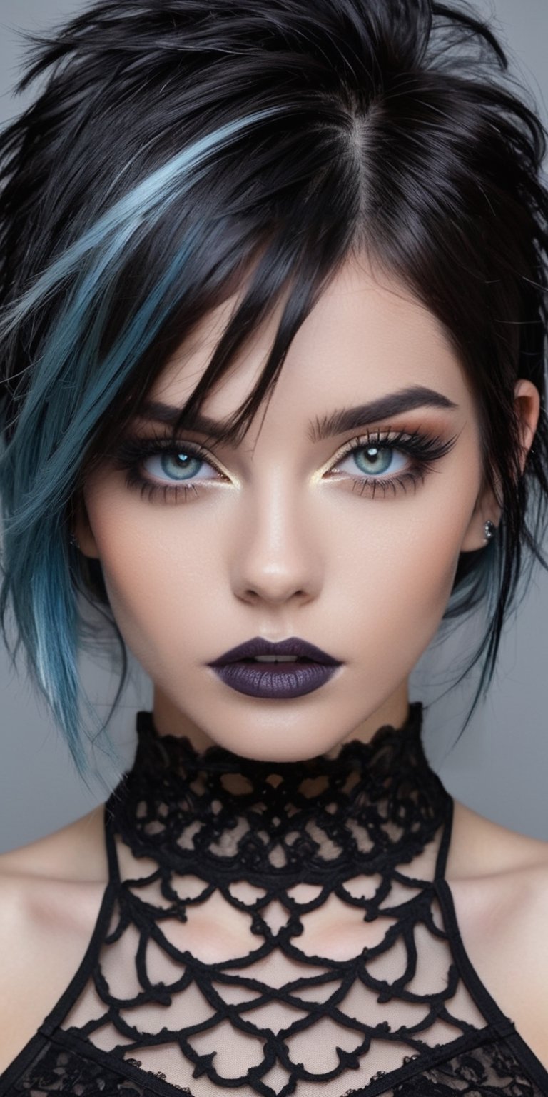 ((top quality)),  ((masterpiece)),  half body view of a young gothic girl with a hairstyle of punky by Feronzz on Tensor.Art