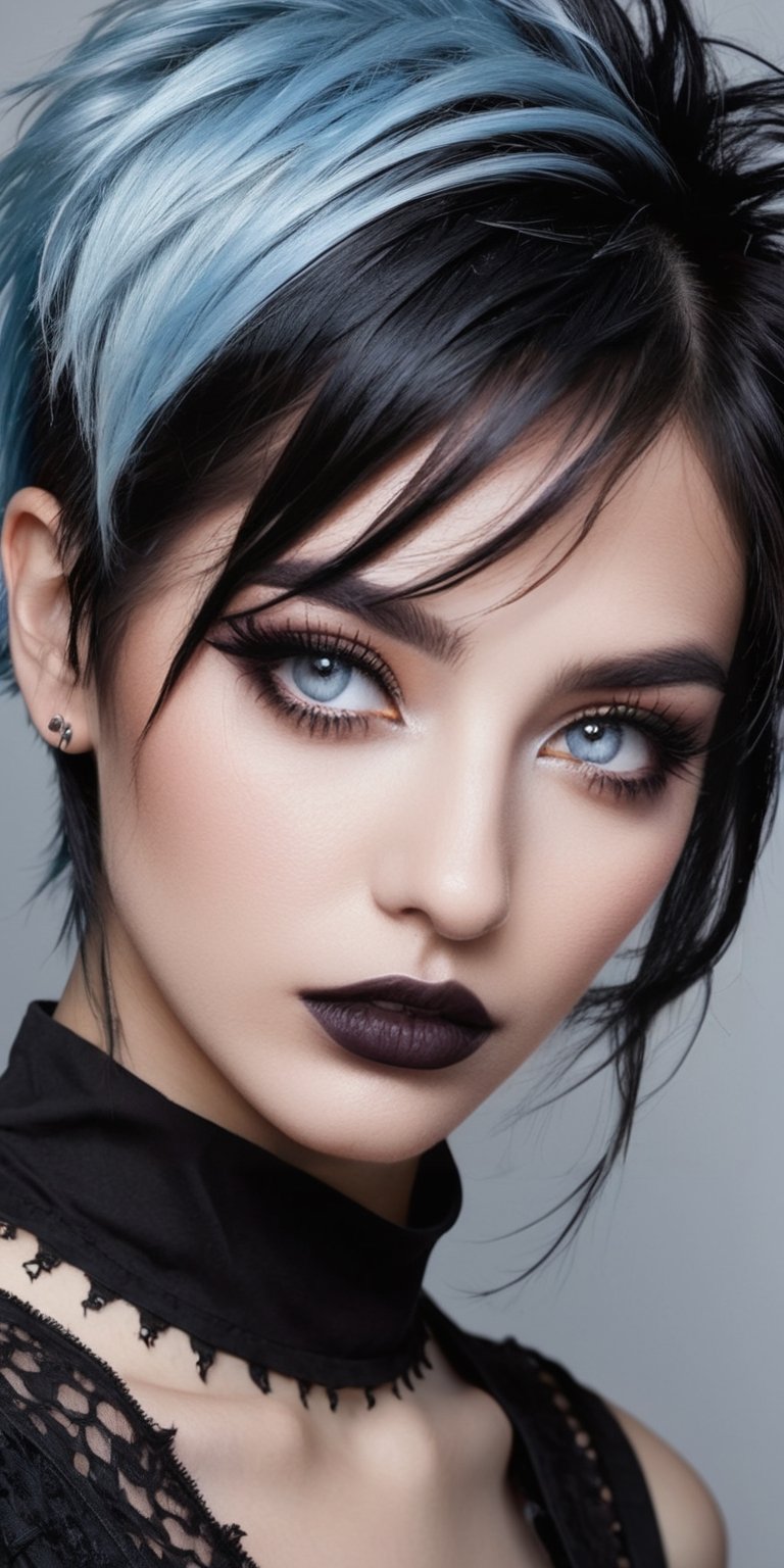 ((top quality)),  ((masterpiece)),  (((half body view of a young gothic girl with a hairstyle of punky by Feronzz on Tenso...