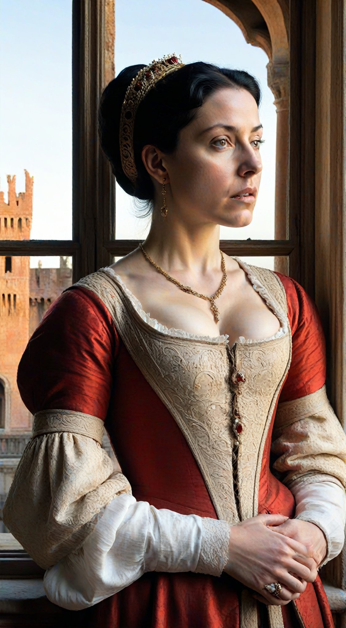 masterpiece, hyper-detailed, photorealistic, ultra photoreal, cinematic Light, renaissance woman, in16th century style dressed, medium shot image, a lady looking away, black hair. background of a sunset from the window of a palace, 16th century white and red clothes with intricate details and ornaments, ultra realistic details, photorealistic, realistic skin texture,itacstl