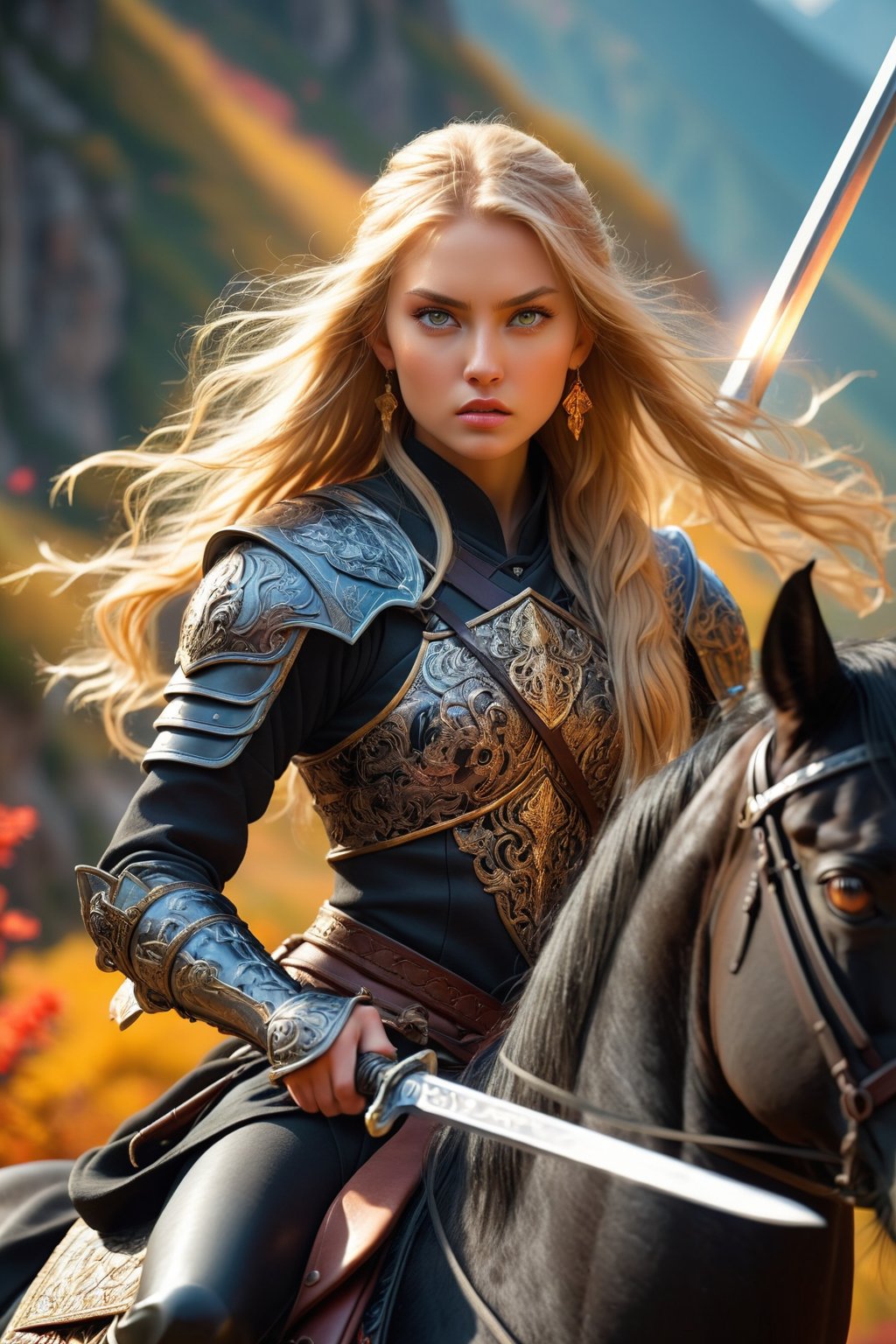 Photo of a beautiful warrior woman with long blonde hair with a side ponytail and very light eyes, wearing an intricate warrior costume and sword in hand facing a fighting enemy, riding on a black horse, mountain scene, amber glow, beautiful hyper-detailed face, hyper-detailed eyes, elements fantastic, UHD, 50mm digital photography, sharp focus on body, colorful rendering, action scene, photo of perfecteyes eyes,