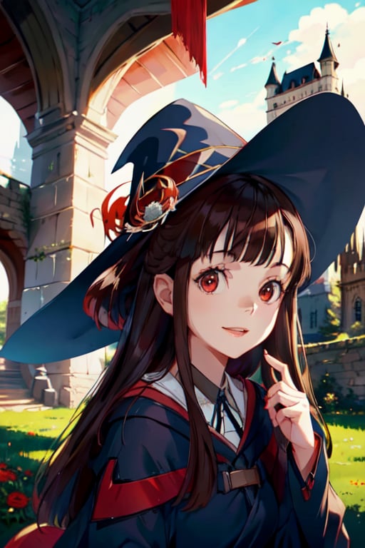 1girl, brown hair, red eyes, asymmetrical bangs, long hair, witch custom, large witch hat, smile, castle outdoors