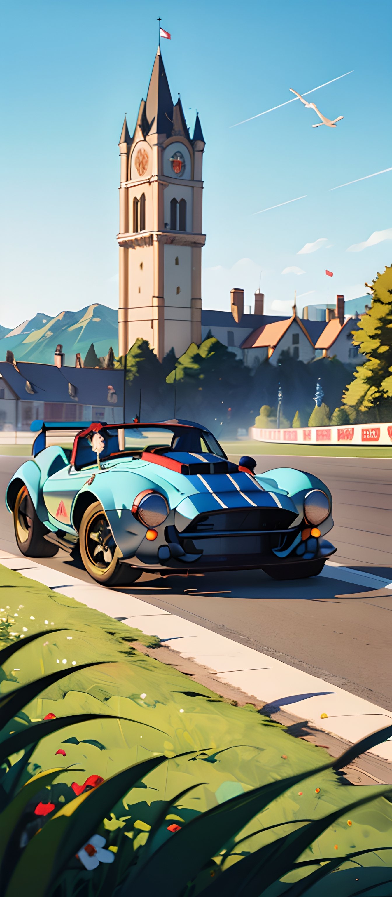 "Capture the essence of epic clashes and scenic beauty with this mobile wallpaper,  (((Picture a classic blue Shelby Cobra...
