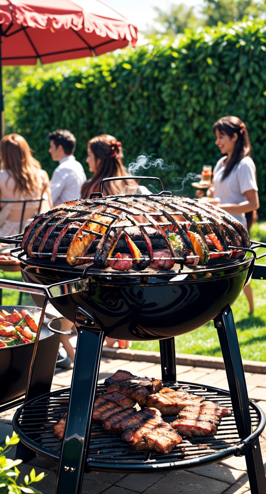 (A BBQ grill is sizzling with a cornucopia of alien foods),  (their exotic aromas wafting through the air). (The scene is...