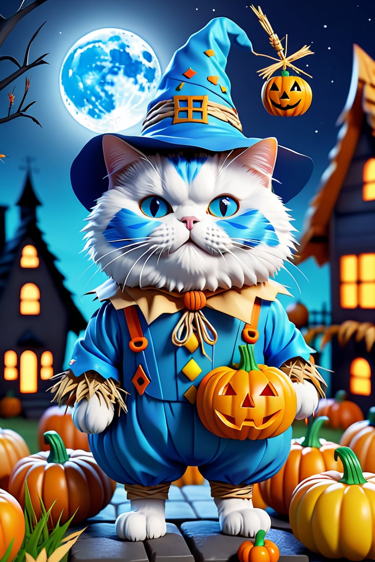 (Cute chubby blue fury cat wearing SCARECROW costume:1.3), (haunted house background:1.4), (beautiful full moon),(Halloween decorations), (ghost), (candy), (3D app icon, clean isometric design, beautiful design, soft gradient background, soft colors, centered, 3D blender render, masterpiece, best quality, high resolution, 8k octane render, beautiful color scheme, soft smooth lighting, physically based rendering, square image, high polycount, natural beauty)