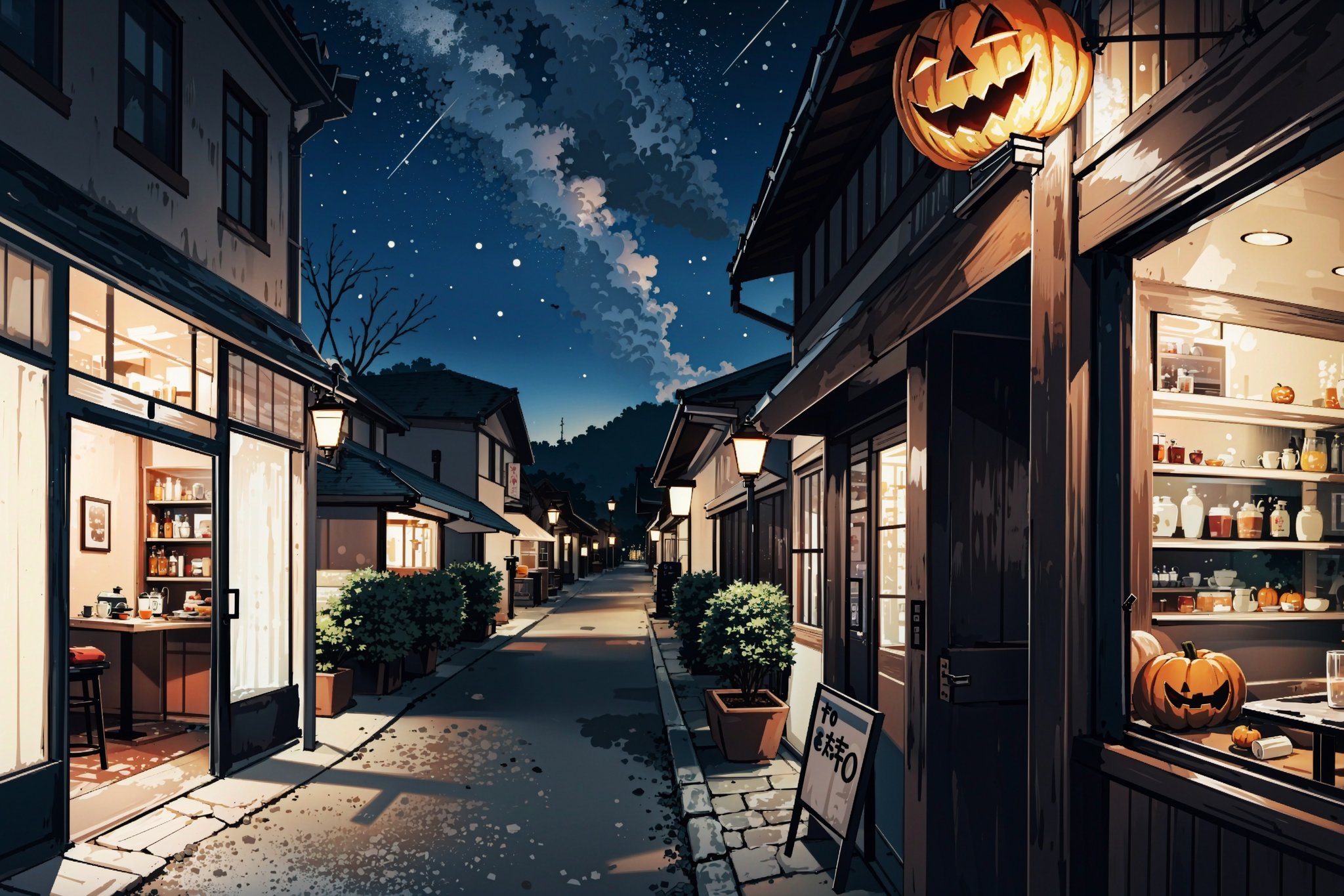 ((A lonecsmall cafe with its own sign in the doorway saying it is open near crossing)), traffic, river, ((night)), ((beautiful sky full star)), ((theme 70s)), ((Halloween decorations)), Narashige Koide, Urban, Decopunk, Japanese Horror, tilt shift photo, hyper realistic, digital rendering, arts and crafts movement, pinterest, oishii-oshiri-cafe, complex_background, 