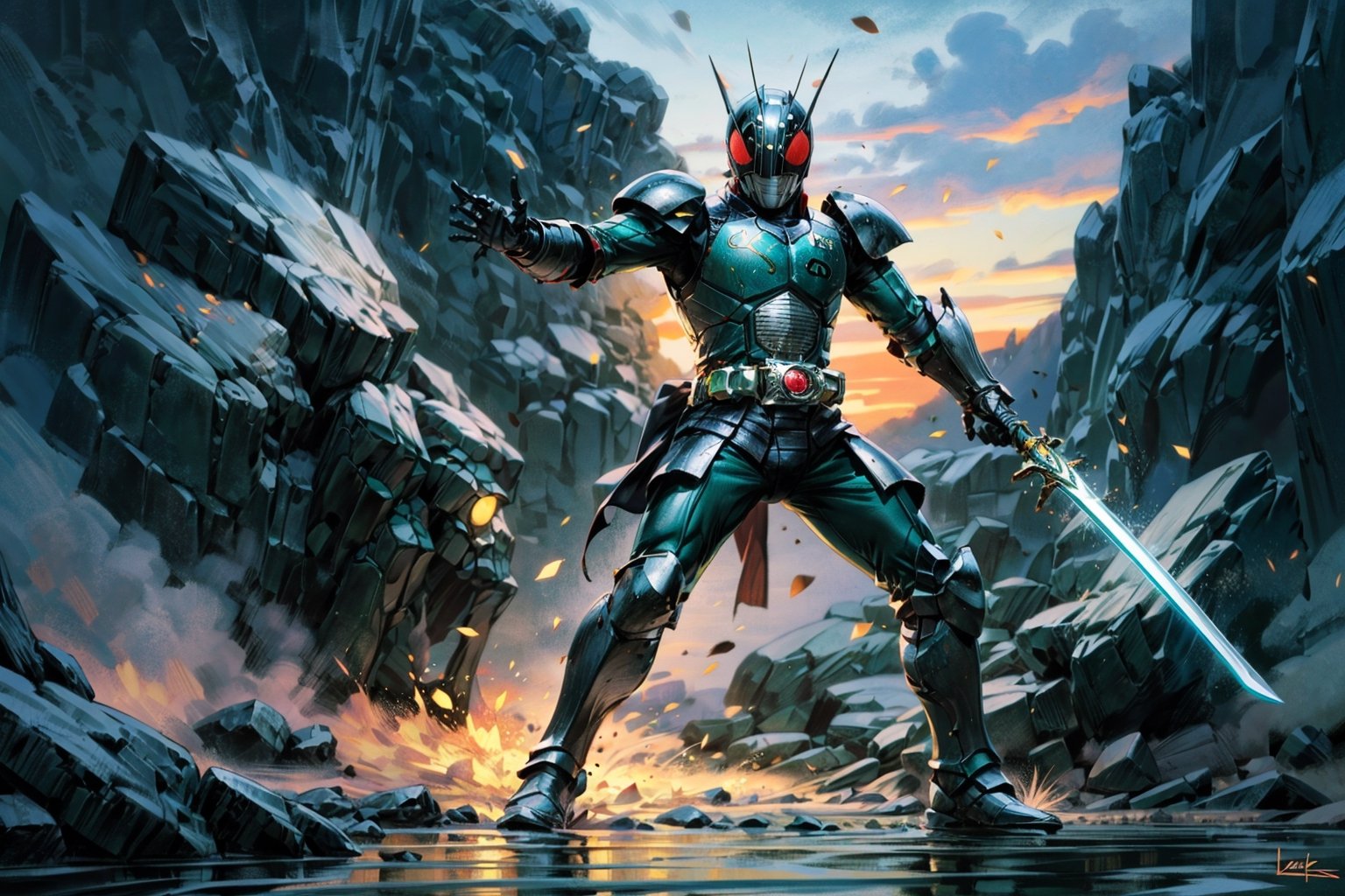 a Kamen rider dressed in mech armor holding a lightcaber sword, inspired by Li Chevalier, shutterstock, mechanized soldier, pvc armor, black full plate armor, full plate armor with cloth, green armor, pale black armor, full body plated armor, legendary armor, full-body armor,Kamen_Rider_Black_RX