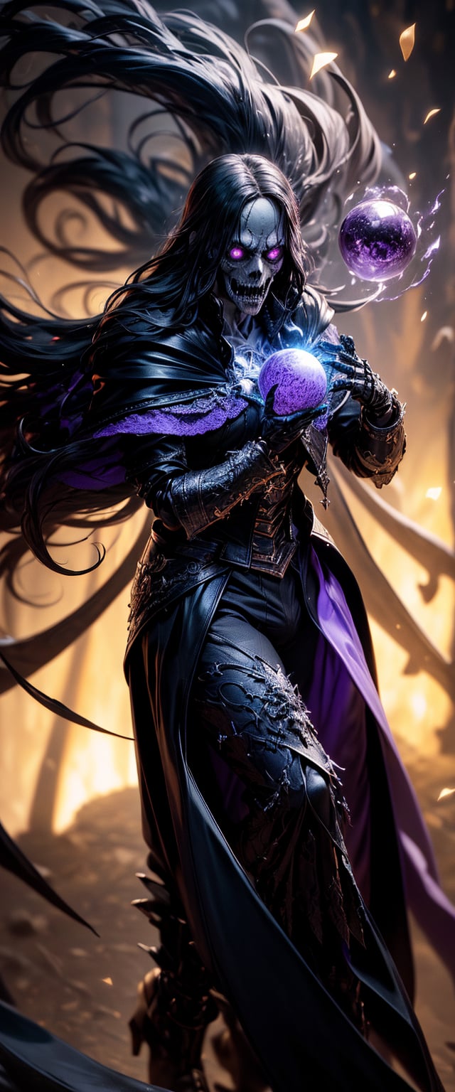 ((The king of the underworld, creepy scary face, long black hair, bright purple eyes, black and red armature, concentration expression, holding a magical dark sphere)), casting a powerful magic:(magical dark around, dark aura, massive magic circle coming down from sky, final battle, fighting scene, cinematic still, shaking ground effect, masterpiece quality, detailed light effect, detailed shadows effect, ,scenery, close-up  EnvyBeautyMix23