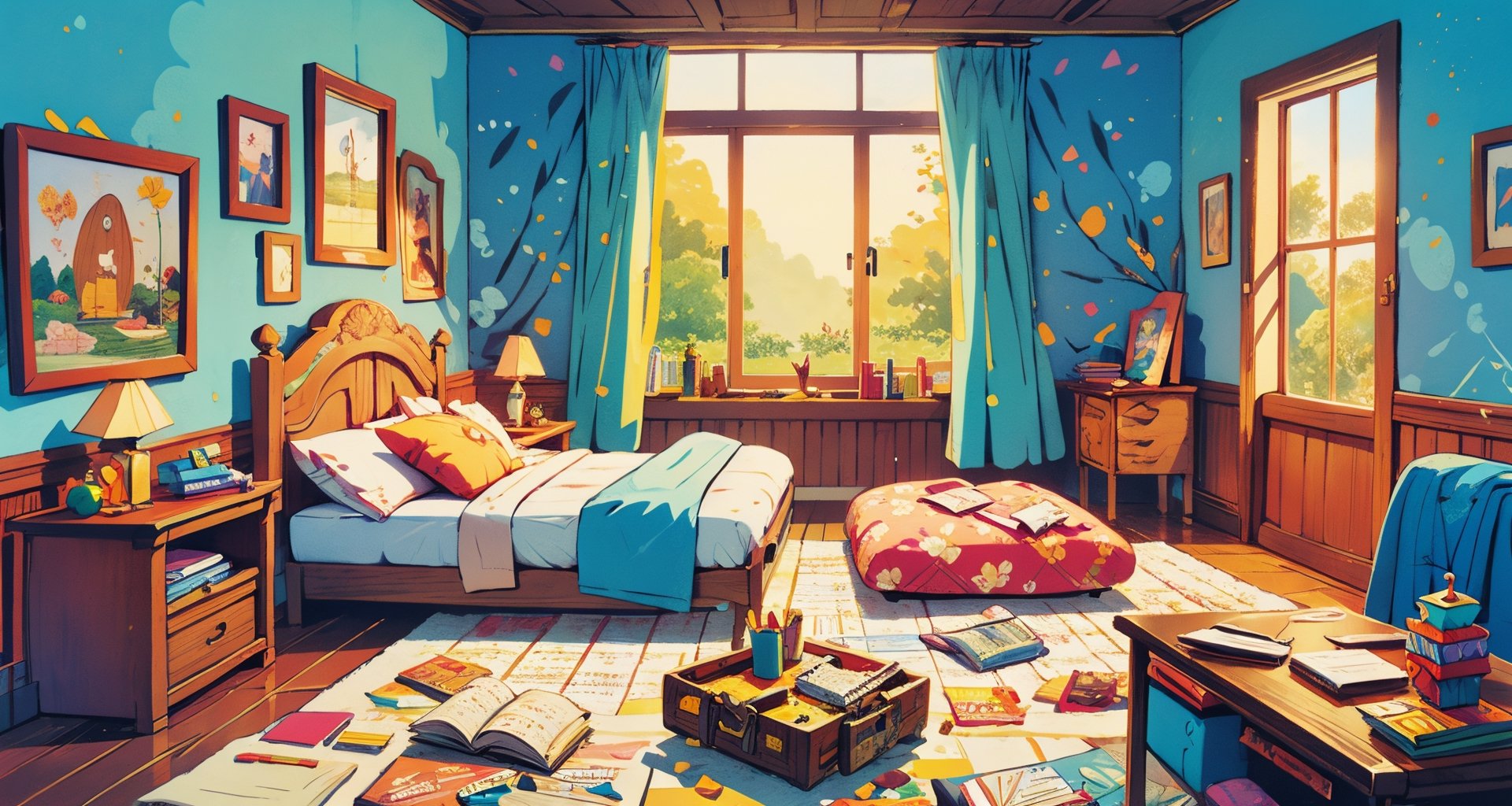 a room, concept art, pixiv, conceptual art, rpg maker style bedroom, flat color, springtime morning, detailed 2d illustration, detailed color scan”, a beautiful artwork illustration,perfect,(best quality,3d,More Detail,ANIME ,midjourney