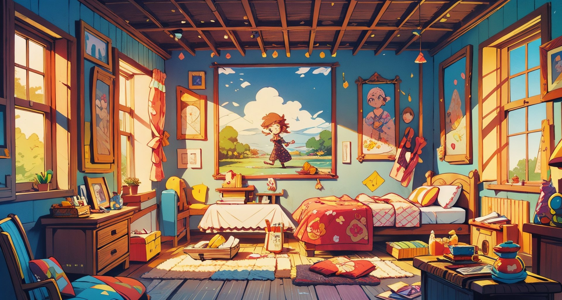 a room, concept art, pixiv, conceptual art, rpg maker style bedroom, flat color, springtime morning, detailed 2d illustration, detailed color scan”, a beautiful artwork illustration,perfect,(best quality,3d,More Detail,ANIME ,midjourney