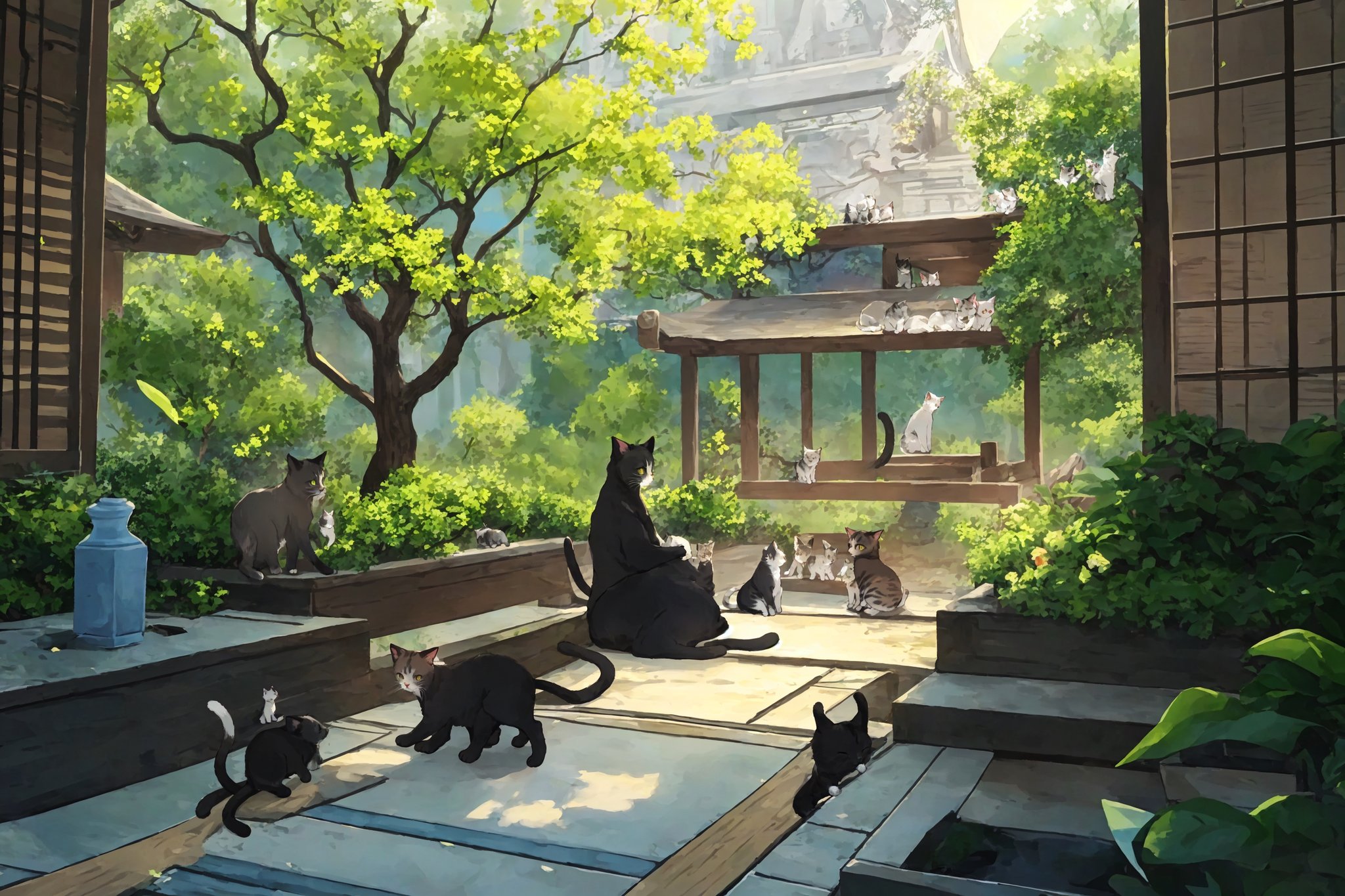 A captivating illustration depicting (((a mother cat and her kittens))) on a balcony, absorbing the tranquil beauty of a Zen garden, ((animal)), The setting exudes an aura of peace and harmony, with carefully manicured plants and meticulously arranged stones. The cat and kittens are portrayed in an utterly endearing manner, their playful interactions captured with an imaginative flair. The artwork should embody a fusion of realism and artistic interpretation, with vivid colors and textures that pop. Ensure it adheres to the golden ratio, and infuse it with hyper details and hyper resolution to craft a true masterpiece,