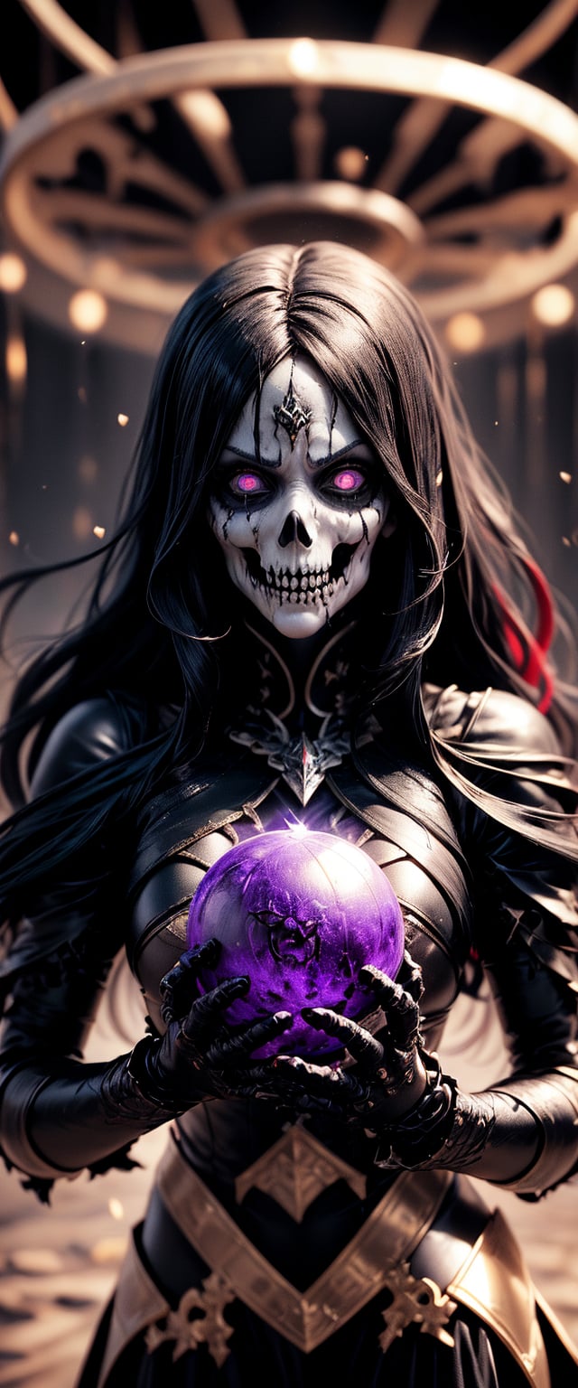 ((The king of the underworld, creepy scary face, long black hair, bright purple eyes, black and red armature, concentration expression, holding a magical dark sphere)), casting a powerful magic:(magical dark around, dark aura, massive magic circle coming down from sky, final battle, fighting scene, cinematic still, shaking ground effect, masterpiece quality, detailed light effect, detailed shadows effect, ,scenery, close-up  EnvyBeautyMix23