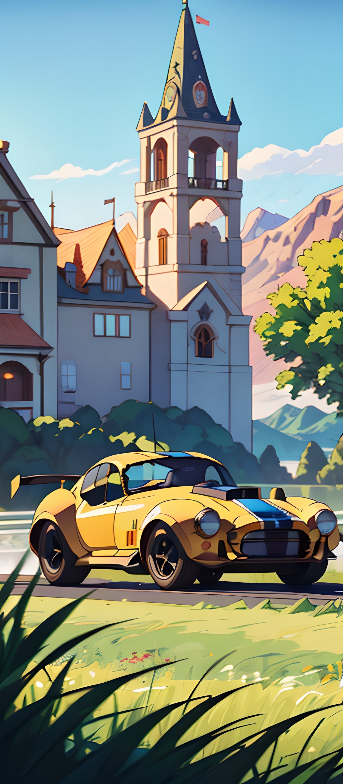"Capture the essence of epic clashes and scenic beauty with this mobile wallpaper,  (((Picture a classic blue Shelby Cobra...