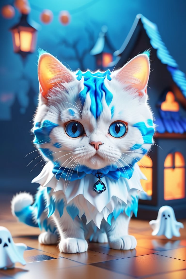 (Cute cube blue fury cat wearing ghosts costume:1.3), (haunted house background:1.4), 3D app icon, clean isometric design, beautiful design, soft gradient background, soft colors, centered, 3D blender render, masterpiece, best quality, high resolution, 8k octane render, beautiful color scheme, soft smooth lighting, physically based rendering, square image, high polycount, natural beauty