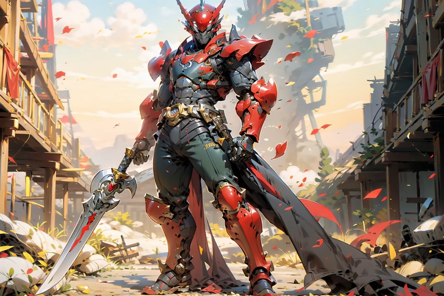 a Kamen rider dressed in mech red dragon armor holding a lightcaber sword, inspired by Li Chevalier, shutterstock, mechanized soldier, pvc armor, red full plate armor, full plate armor with cloth, red armor, pale red armor, full body plated dragon armor, legendary armor, full-body armor,Kamen_Rider_Black_RX