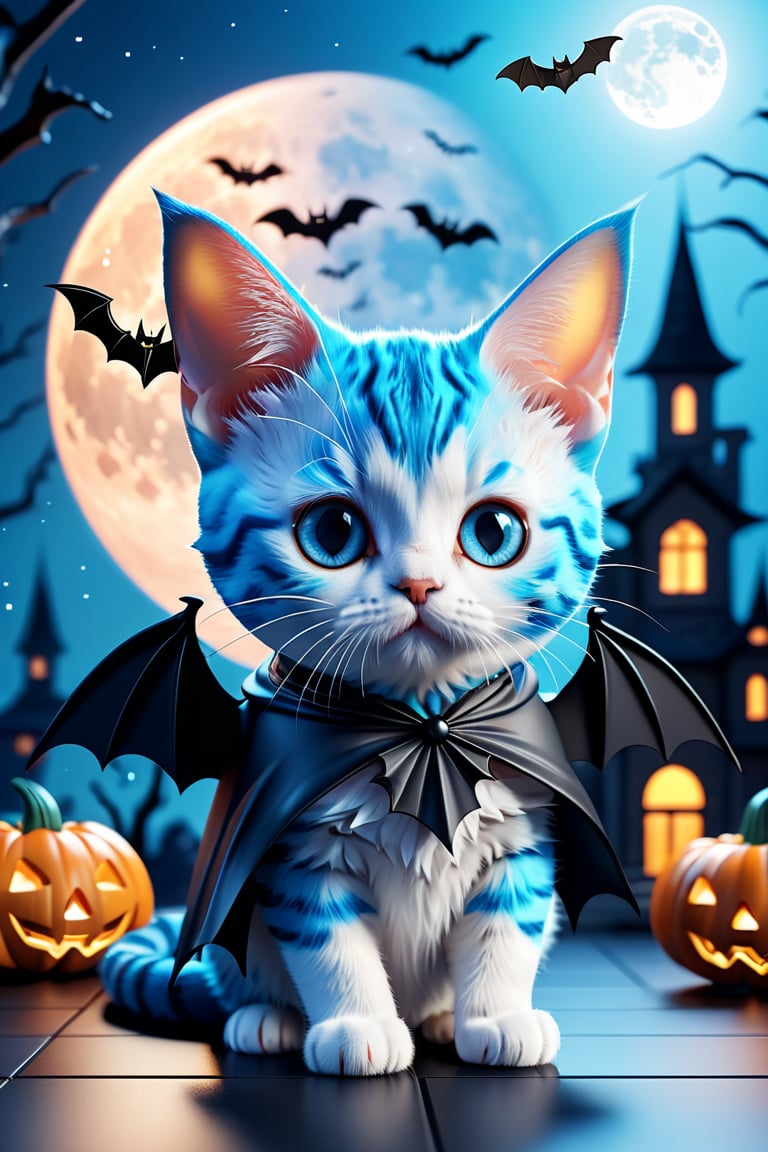 (Cute cube blue fury cat wearing bat costume:1.3), (haunted house background:1.4), bat wings, (beautiful full moon:1.4),(Halloween decorations:1.4),(3D app icon, clean isometric design, beautiful design, soft gradient background, soft colors, centered, 3D blender render, masterpiece, best quality, high resolution, 8k octane render, beautiful color scheme, soft smooth lighting, physically based rendering, square image, high polycount, natural beauty),