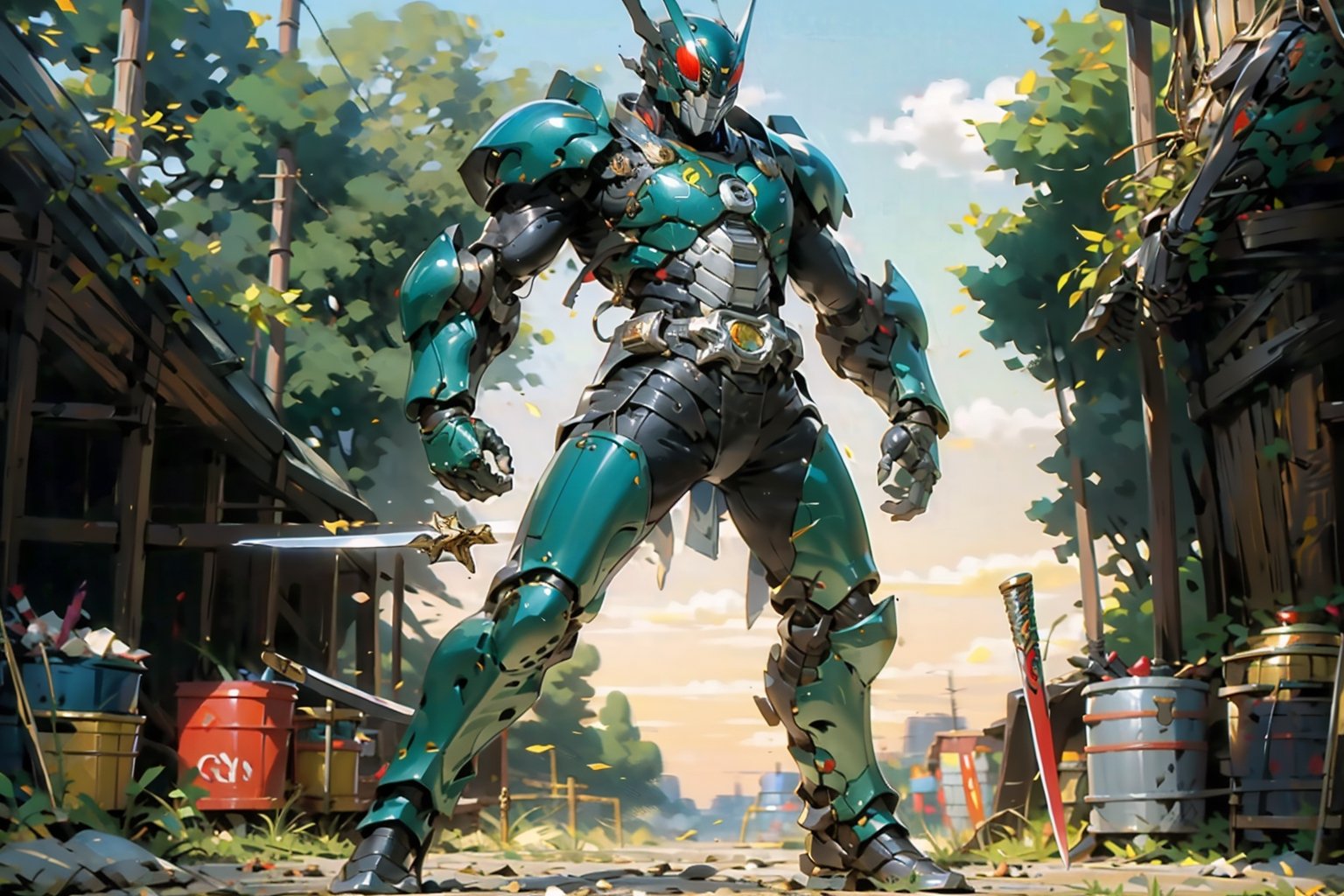 a Kamen rider dressed in mech armor holding a lightcaber sword, inspired by Li Chevalier, shutterstock, mechanized soldier, pvc armor, black full plate armor, full plate armor with cloth, green armor, pale black armor, full body plated armor, legendary armor, full-body armor,Kamen_Rider_Black_RX