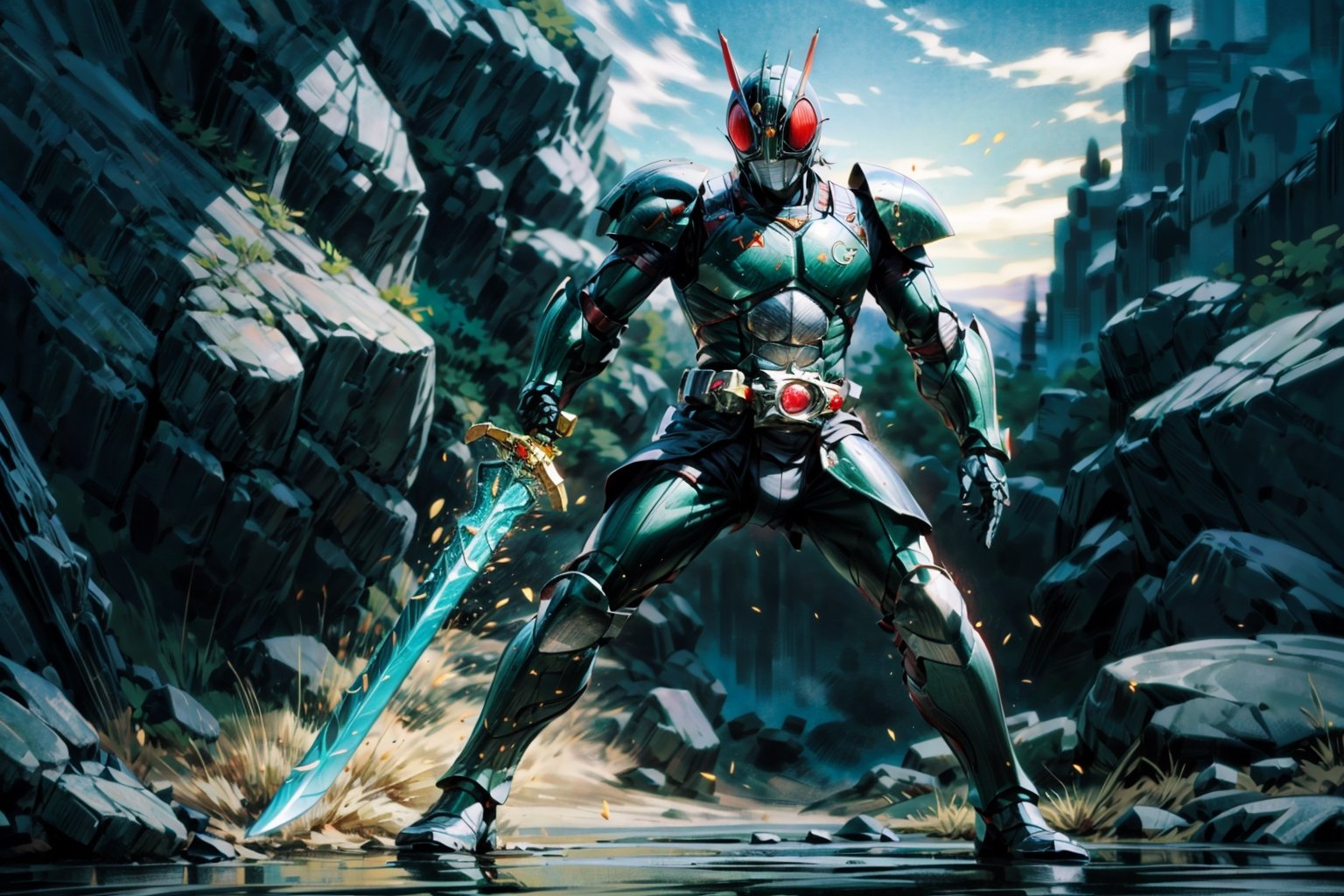 a Kamen rider dressed in mech armor holding a lightcaber sword, inspired by Li Chevalier, shutterstock, mechanized soldier, pvc armor, black full plate armor, full plate armor with cloth, green armor, pale black armor, full body plated armor, legendary armor, full-body armor,Kamen_Rider_Black_RX