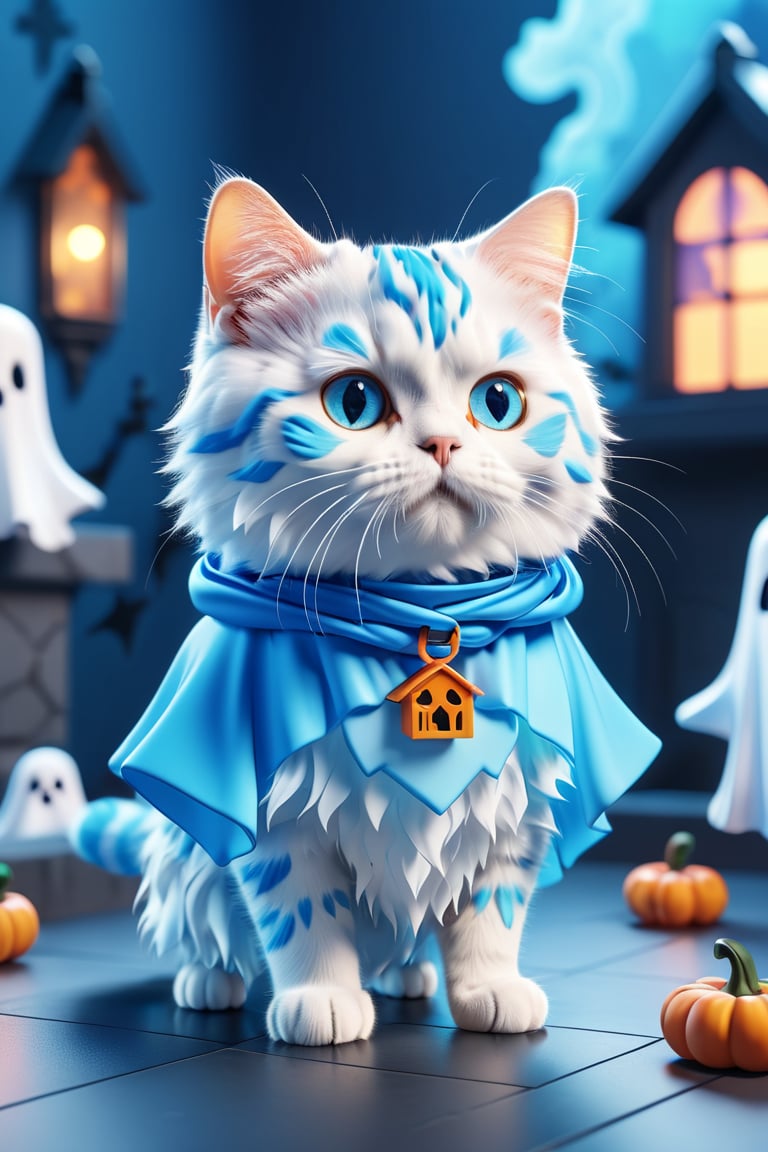 (Cute cube blue fury cat wearing ghosts costume:1.3), (haunted house background:1.4), 3D app icon, clean isometric design, beautiful design, soft gradient background, soft colors, centered, 3D blender render, masterpiece, best quality, high resolution, 8k octane render, beautiful color scheme, soft smooth lighting, physically based rendering, square image, high polycount, natural beauty