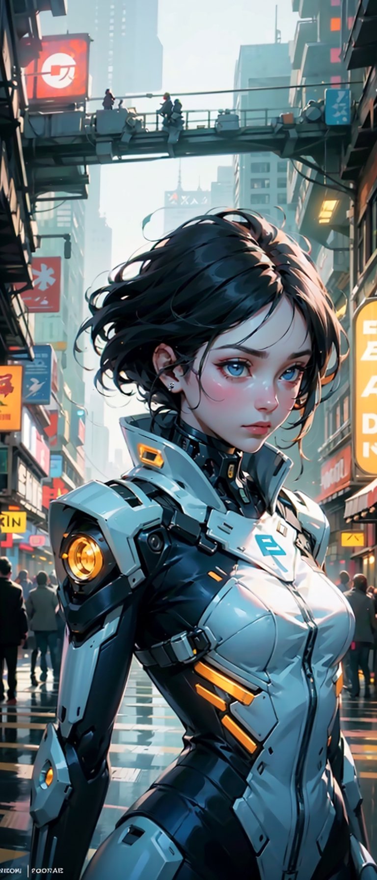 Beautiful robotic woman, futuristic city, her body perfect blend of organic and artificial