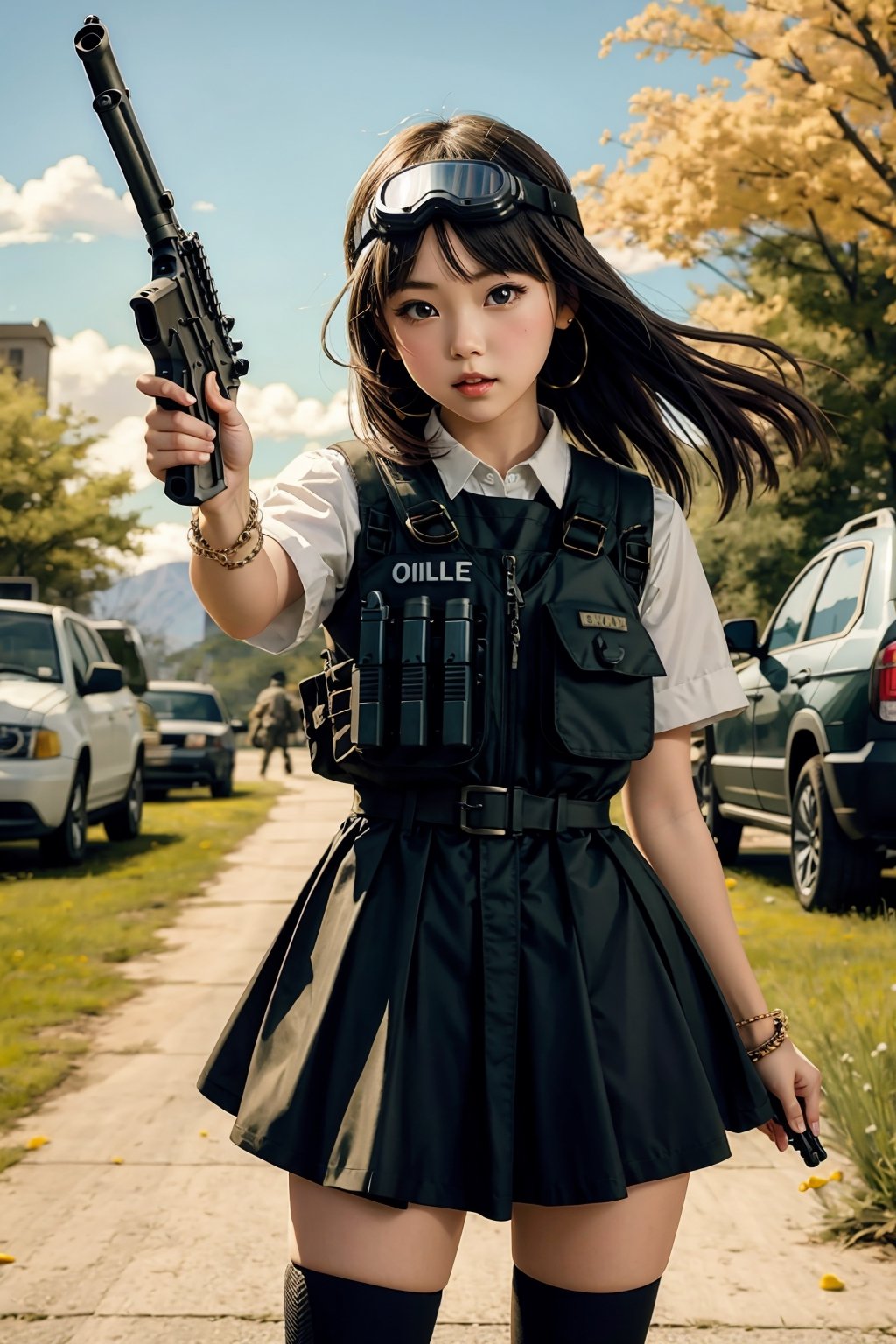 (A stunningly realistic oil painting) of a (cute and  kawaii anime girl) standing confidently, her petite body adorned in a frilly outfit. (Happy), (Her big, expressive eyes look determined and ready for action) as (((she aims her gun:1.4))) carefully. The background fades into an abstract expressionist landscape of swirling colors and shapes, adding to the whimsical and daring atmosphere. (Cute accessories:1.4), (Ballistic Goggles). The image is now more colorful and vibrant, with a cel shaded pop art style that makes it stand out. The girl is also wearing a bulletproof vest, which adds an extra layer of protection and readiness to her ensemble. In the background, there are various details like leaves and flowers, making the scene more interesting and engaging. (Her full body is visible:0.1), emphasizing her youthful energy and courage. The image now has shadows cast across her body, increasing the dramatic effect, and she appears to be in mid-step, ready to dodge or move out of the way. (Intricate details), (Zettai ryōiki), (Dimensional) (GuidanceScale=12) (OilPaintStyle) (CharlieBowater) (FineDetails) (Wlop) (TrendingOnArtStation) (VeryDetailed) (NaturalBeauty) (ChibiAnimeGirl),gun