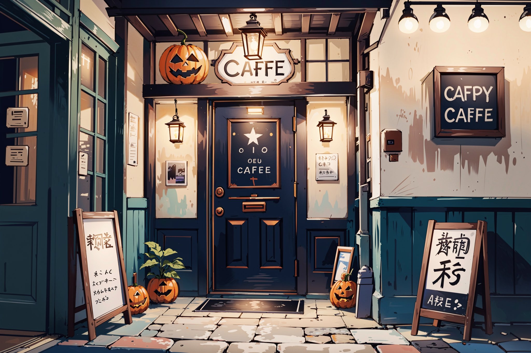 ((A lonecsmall cafe with its own sign in the doorway saying it is open near crossing)), traffic, river, ((night)), ((beautiful sky full star)), ((theme 70s)), ((Halloween decorations)), Narashige Koide, Urban, Decopunk, Japanese Horror, tilt shift photo, hyper realistic, digital rendering, arts and crafts movement, pinterest, oishii-oshiri-cafe, complex_background, 