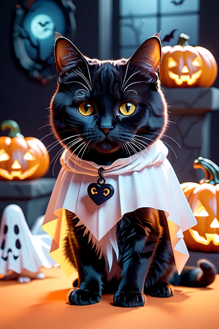 (Cute cube black fury cat wearing ghosts costume:1.3), (haunted house background:1.4), (Halloween decorations:1.4), (HALLOWEEN2024 text:1.4), 3D app icon, clean isometric design, beautiful design, soft gradient background, soft colors, centered, 3D blender render, masterpiece, best quality, high resolution, 8k octane render, beautiful color scheme, soft smooth lighting, physically based rendering, square image, high polycount, natural beauty