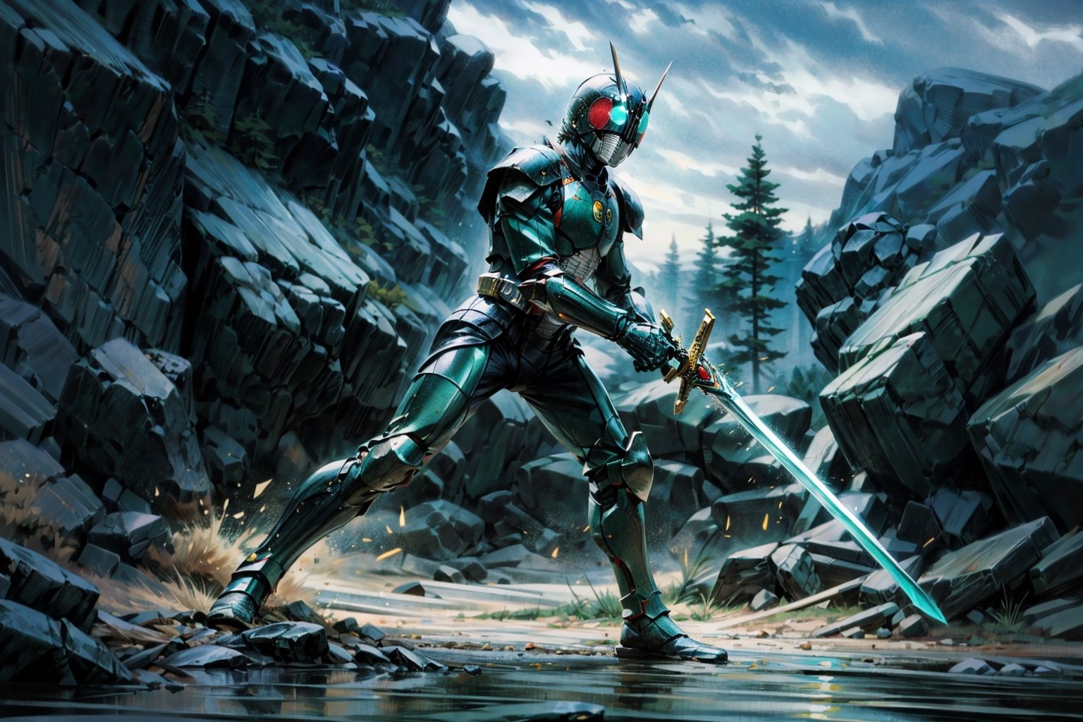 a Kamen rider dressed in mech armor holding a lightcaber sword, inspired by Li Chevalier, shutterstock, mechanized soldier, pvc armor, black full plate armor, full plate armor with cloth, green armor, pale black armor, full body plated armor, legendary armor, full-body armor,Kamen_Rider_Black_RX