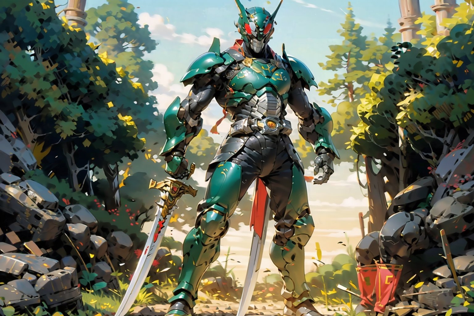 a Kamen rider dressed in mech armor holding a big lightcaber sword, inspired by Li Chevalier, shutterstock, mechanized soldier, pvc armor, black full plate armor, full plate armor with cloth, green armor, pale black armor, full body plated armor, legendary armor, full-body armor,Kamen_Rider_Black_RX