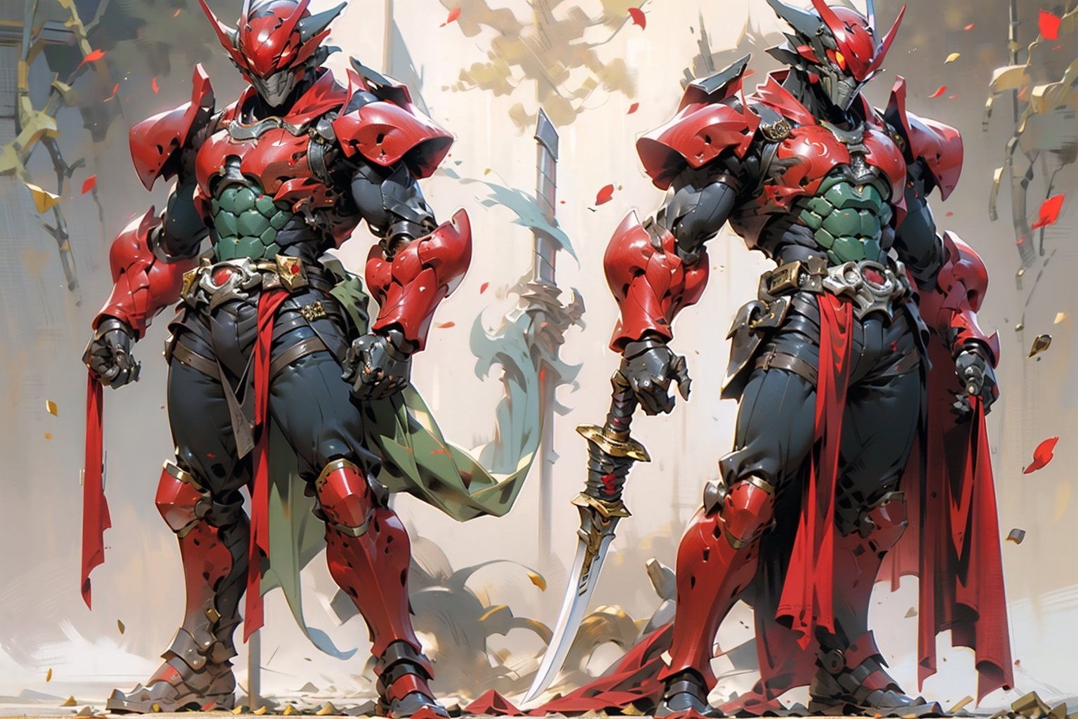 a Kamen rider dressed in mech red dragon armor holding a lightcaber sword, inspired by Li Chevalier, shutterstock, mechanized soldier, pvc armor, red full plate armor, full plate armor with cloth, red armor, pale red armor, full body plated dragon armor, legendary armor, full-body armor,Kamen_Rider_Black_RX