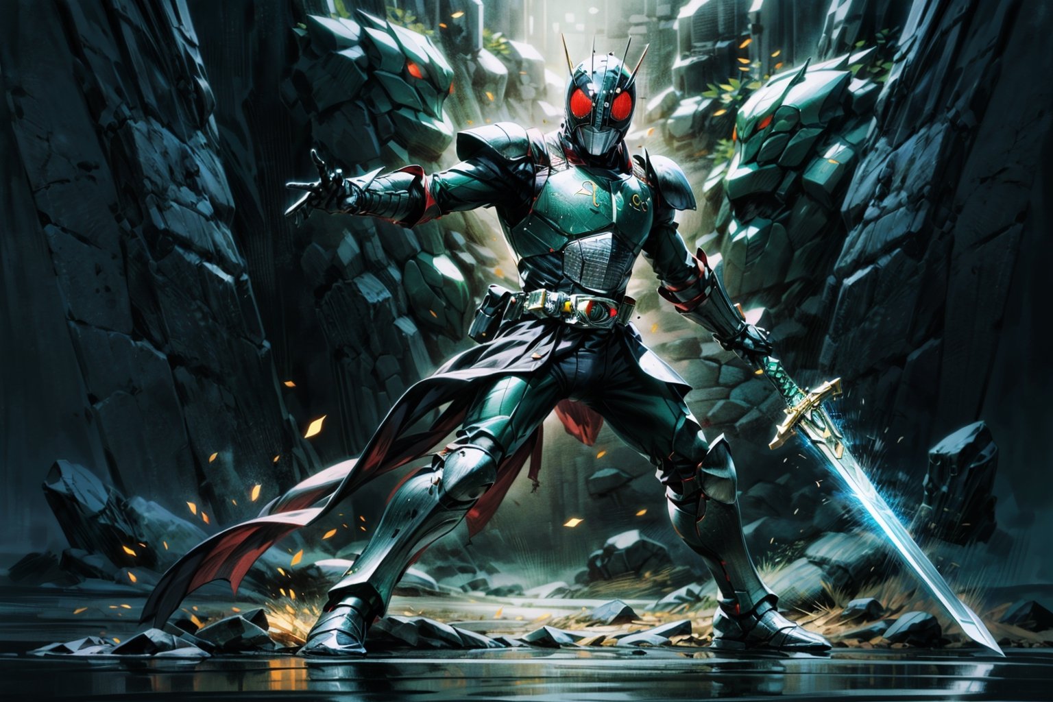 a Kamen rider dressed in mech armor holding a lightcaber sword, inspired by Li Chevalier, shutterstock, mechanized soldier, pvc armor, black full plate armor, full plate armor with cloth, green armor, pale black armor, full body plated armor, legendary armor, full-body armor,Kamen_Rider_Black_RX