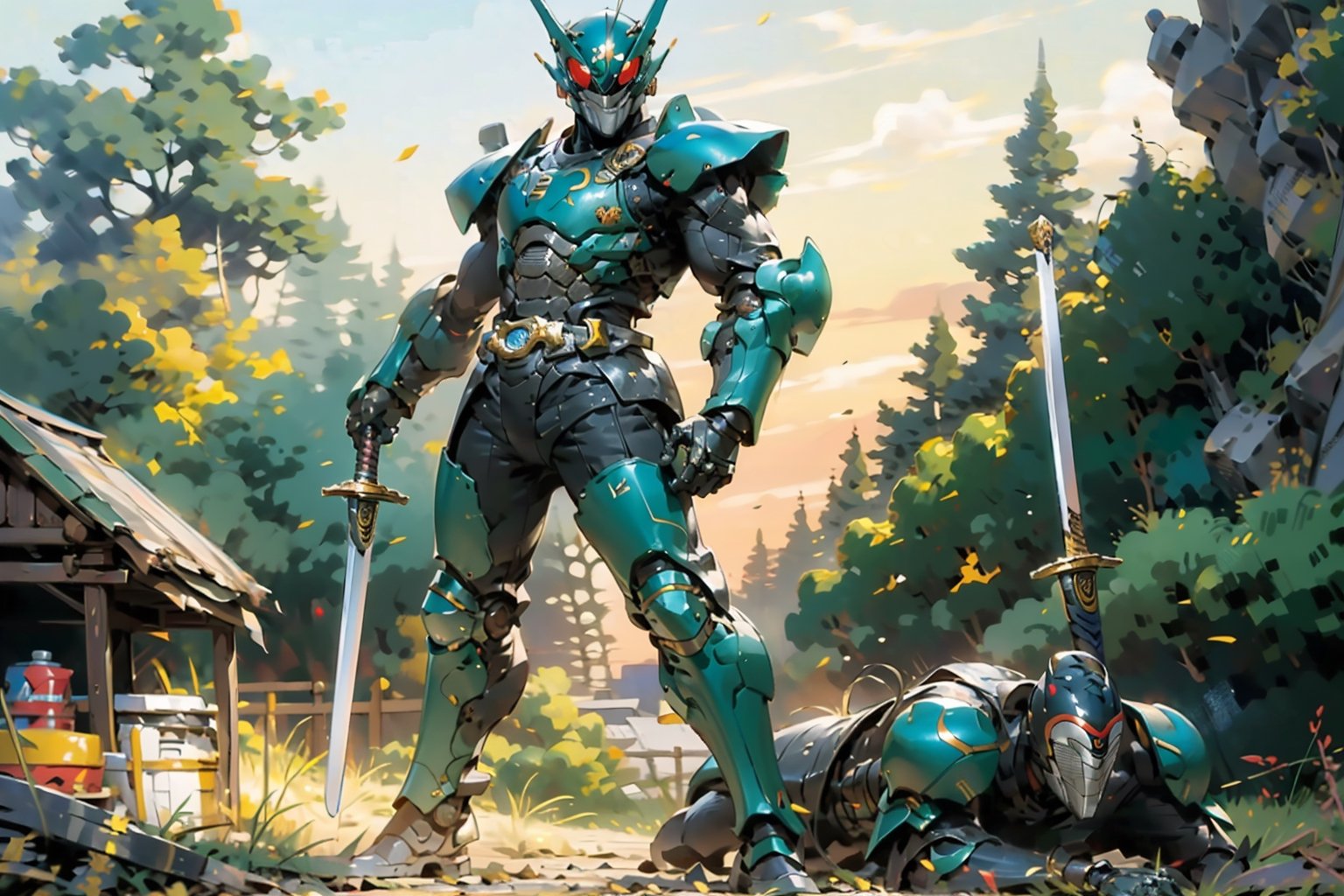 a Kamen rider dressed in mech armor holding a lightcaber sword, inspired by Li Chevalier, shutterstock, mechanized soldier, pvc armor, black full plate armor, full plate armor with cloth, green armor, pale black armor, full body plated armor, legendary armor, full-body armor,Kamen_Rider_Black_RX