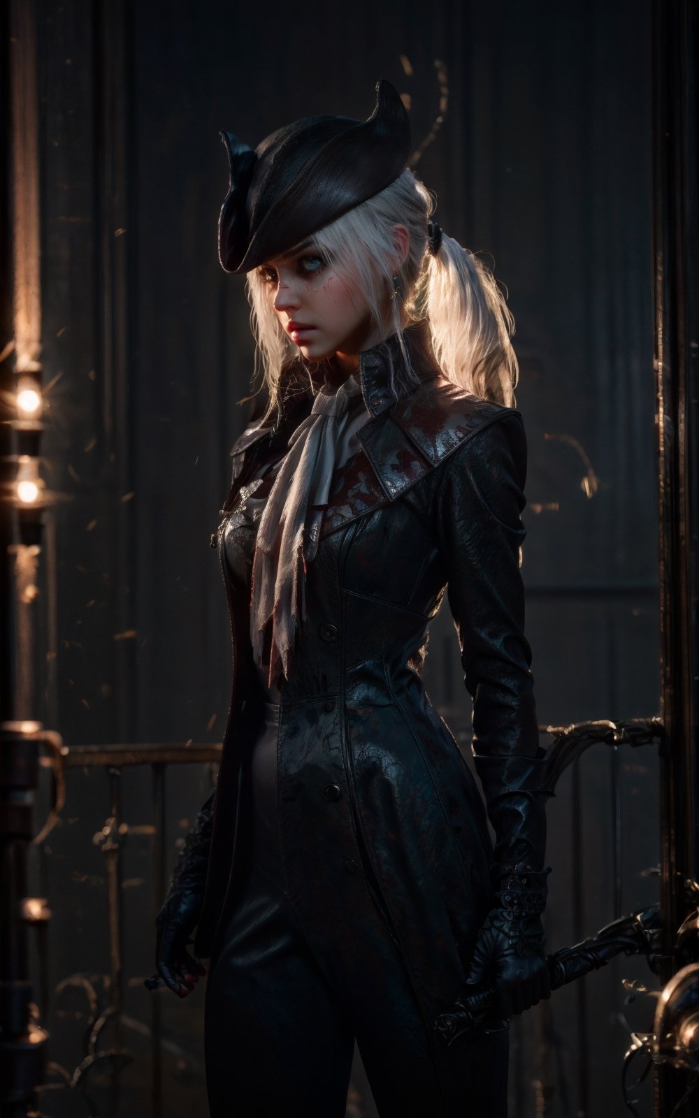 {{{masterpiece}}}, {{{best quality}}}, {{{ultra-detailed}}}, {cinematic lighting}, {illustration}, dark scene, best quality, portrait, 1girl, beautiful, Ladymaria, tricorne,feather hat, gloves, leather pants, standing in dark alley, shaded face,parted lips, blush, necktie, deep green eyes, white hair,ponytail, blush, looking at viewer, medium breasts, masterpiece, fantasy, hdr, masterpiece, film grain, (lens distortion:0.7), (chromatic aberration:0.7), intricate, unreal engine 5, volumetric lighting, realistic, realistic lighting, cinematic, 8k, cinematic lighting, (depth of field:0.7), 1girl, Maria, masterpiece, perfect, hyper-detailed, photorealistic, ultra realistic, realistic light, hard lighting, intricate details, stop motion, hyperfocus, tonemapping, sharp focus, hyper detailed, trending on Artstation, particles, sparkles, dark atmosphere, sexy breasts ,3DMM, blood stains, on an astral clocktower,
,Detailedface