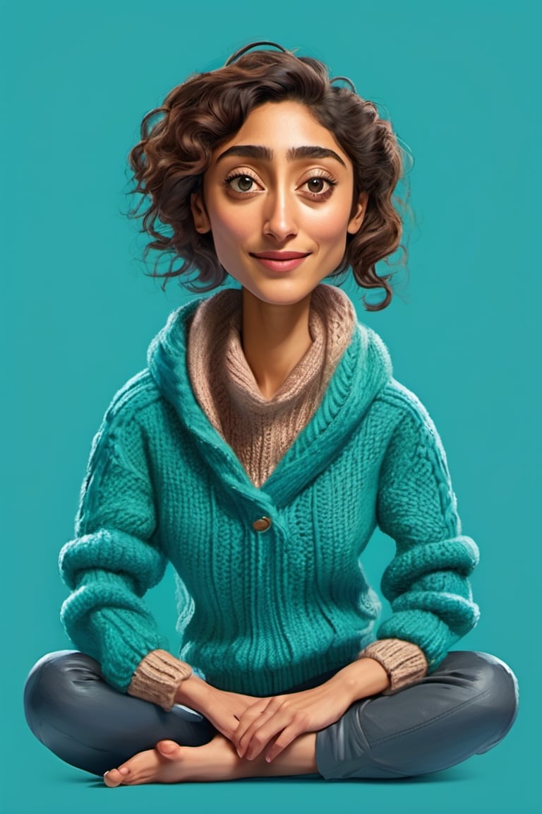 Caricature figure of golshifteh farahani , head, legs, feet, wearing sweater , teal dimentional background, high-res