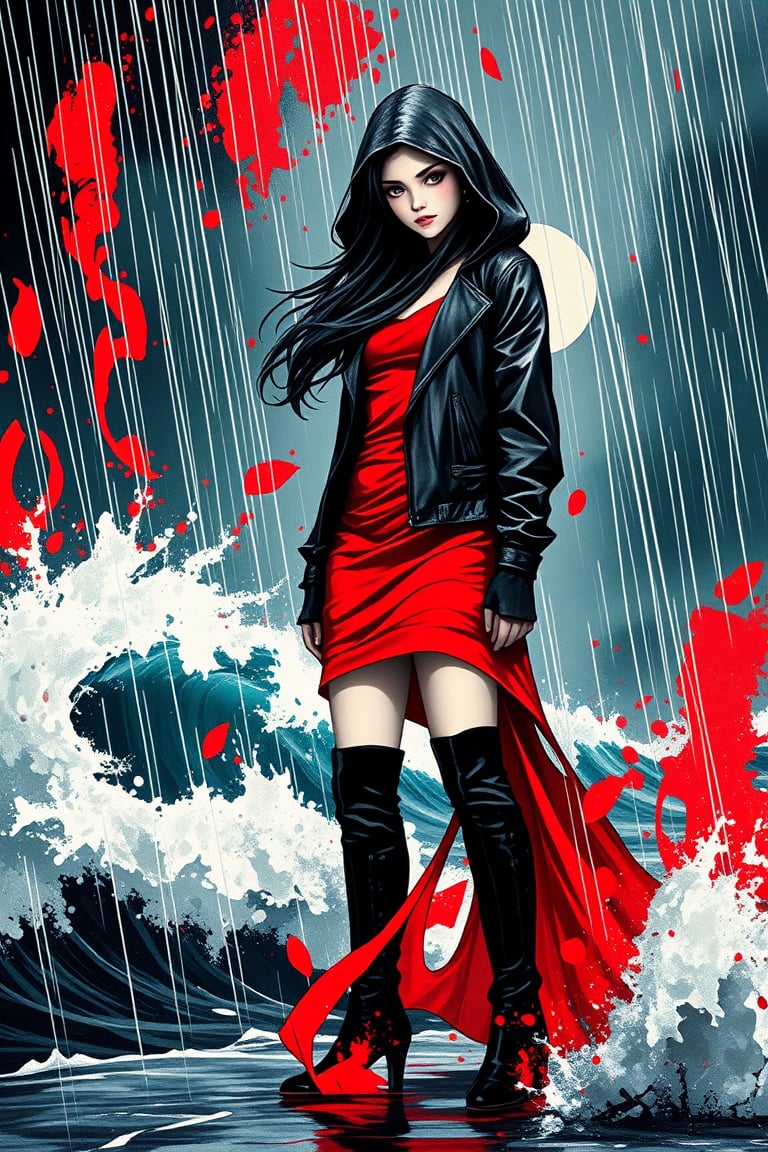 Prompt: A captivating, fantasy portrait of a confident woman standing tall in the rain, exuding an enigmatic aura. She dons a black leather jacket, a red dress, and high black boots, with dark eyes and flowing loose black hair cascading down the left side of the canvas ink splash art piece featuring a strong female figure clad in a fiery red dress and a black hooded leather jacket. The contours of her face and body are boldly defined by expressive, sharply etched strokes, creating a striking contrast to her vibrant attire. The background is a whirlwind of turbulent energy, with a stormy sky and sea displaying stark lines and vivid hues. Waves crash dramatically against the shore, and the woman stands unwavering, embodying resilience, determination, and inner strength amidst the chaotic environment, ukiyo-e, dark fantasy, cinematic, poster, painting, photo, architecture, product, wildlife photography, typography, 3d render, illustration, vibrant, anime, conceptual art, graffiti, fashion, portrait photography.