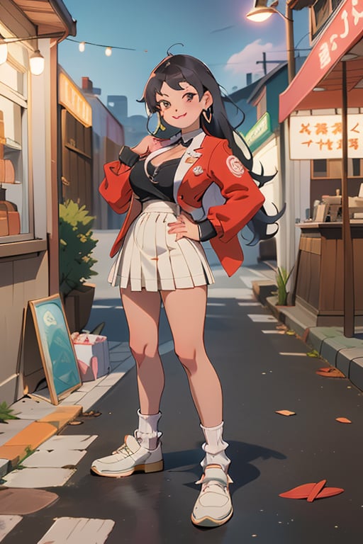 ((masterpiece,best quality, detailed)), 1girl, solo, outdoors, street, fighting stance, serious, night,
ryofu housen, magatama earrings, blazer, plaid skirt, loose socks, loafers, single earring, smile, parted lips, white socks, cleavage, clenched hands, hand up,mano aloe