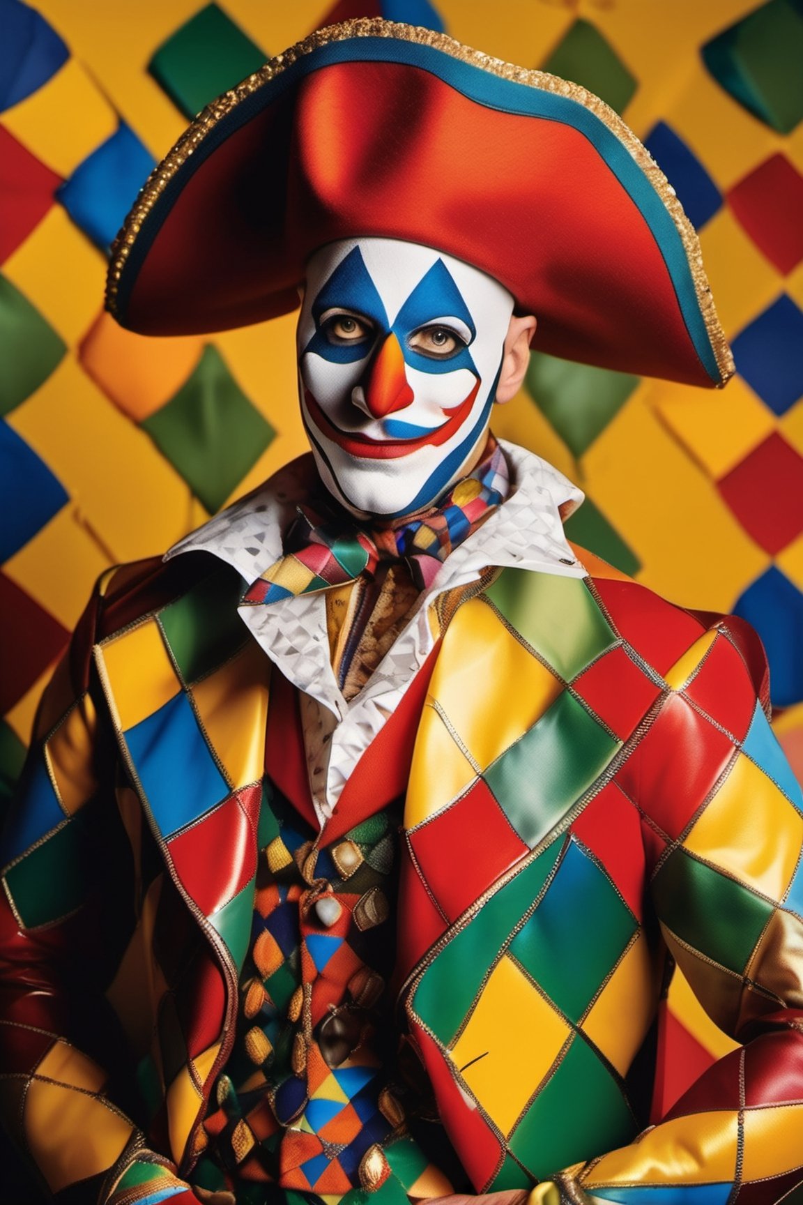 high_resolution, high detail, shiny, hyper realistic, photo quality 8k, In the image, an ((("Arlecchino"))), an iconic character from Italian commedia dell'arte, is prominently featured, dressed in a vibrant and distinctive costume. His attire, snug-fitting and full of personality, showcases a pattern of multicolored diamonds, spanning a range of bright and eye-catching hues. Each diamond is a mosaic of colors, including reds, blues, yellows, greens, and oranges, giving the costume a cheerful and festive look.

The Arlecchino's attire includes a tight-fitting jacket with long sleeves and pants that follow the same multicolored diamond pattern. His waist is accentuated with a striking belt that perfectly complements the ensemble. The outfit is completed with the typical three-pointed hat, known as a "tricorn," which is also adorned with the same diamonds and colors, adding a touch of elegance and extravagance.

The Arlecchino's face is often painted with bright colors and theatrical expressions. His eyes may be encircled in black and white, accentuating his playful and mischievous gaze. The Arlecchino, in his colorful attire and distinctive hat, personifies joy and a festive spirit, evoking the tradition and merriment of Italian commedia dell'arte.