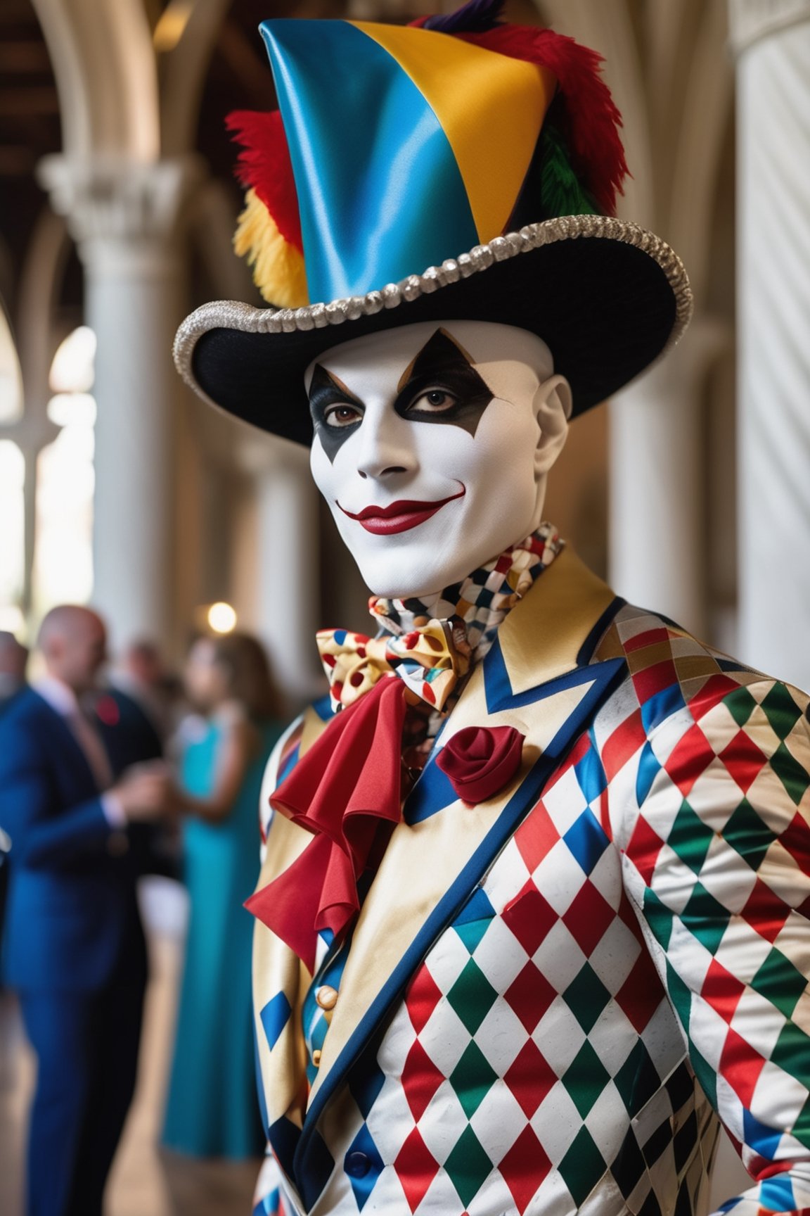 Close-up of (((Harlequin))), in his typical diamond suit and three-pointed hat, at a Venetian court party entertaining the guests.