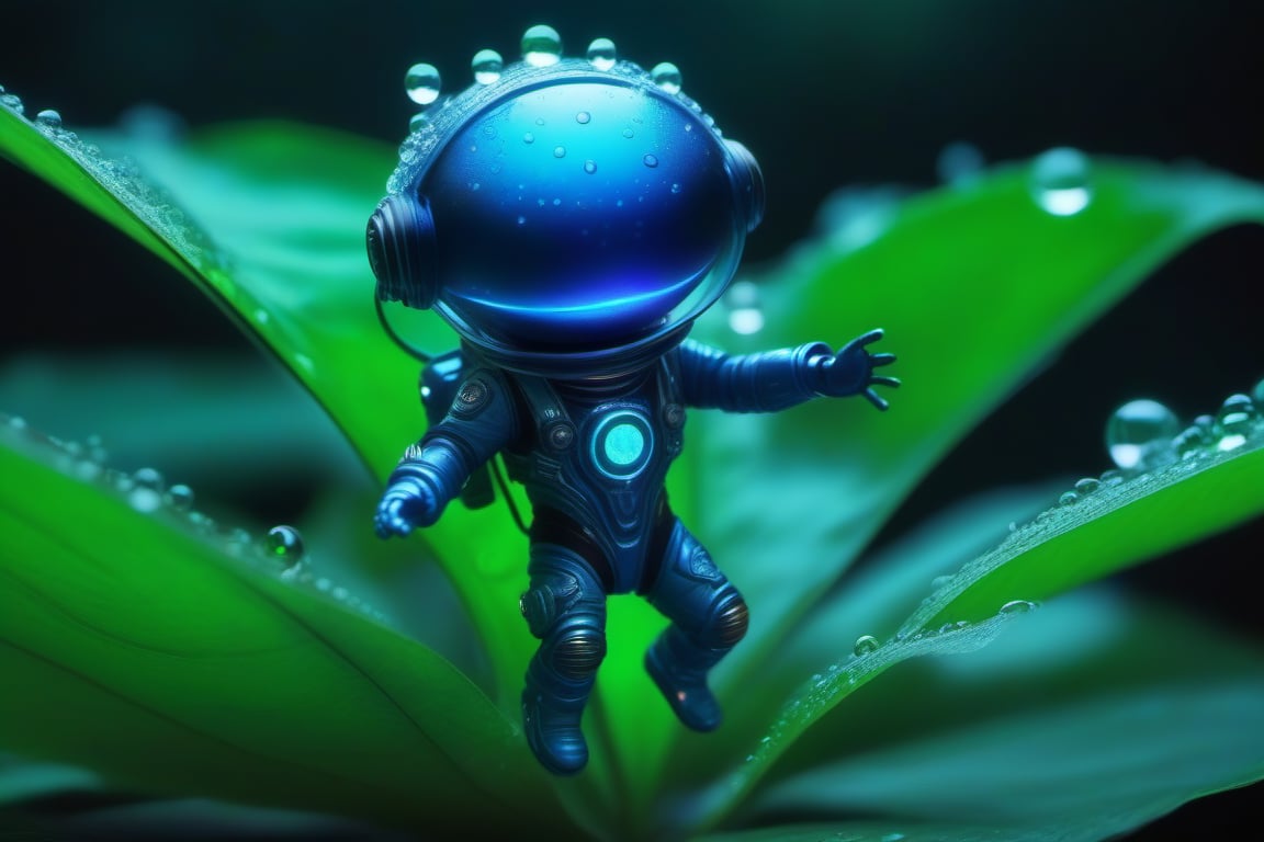 🔬 Bioluminescent blue alien astronaut in a cyberpunk astronaut suit dancing among the water droplets on a beautiful green leaf.