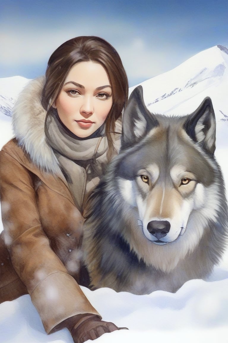 Snow covered Frontier female prospector with her wolf protector, in a resting pose, looking at the camera, on top of a hill overlooking the plains, snow covered buffaloes in the background, frontal shot, hand-drawn watercolour, muted tones, winter landscape, snowing, hyper realistic, golden ratio, Watercolor