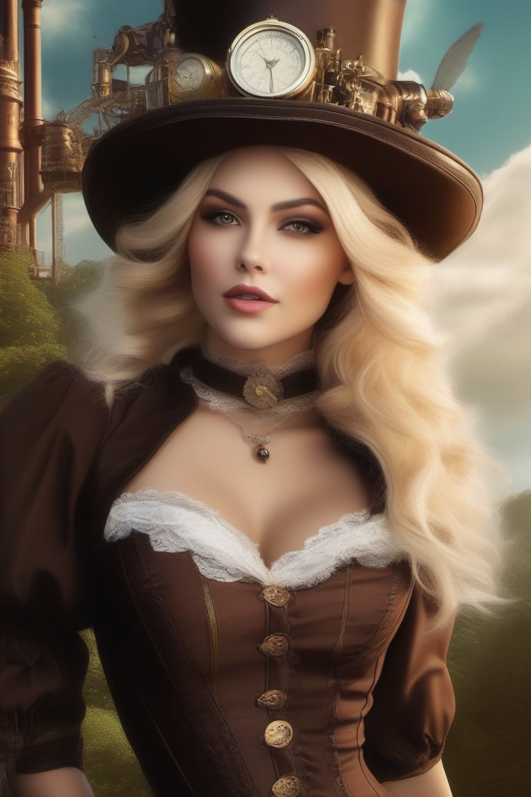 Stunningly beautiful steampunk blond woman, flirtatious, dynamic action pose, victoriana, fairypunk, fairycore, forestcore, forestpunk, digital art, highly detailed, humorous, crisp quality, warm colors, wall art, poster, award winning, imaginative, whimsical, vibrant, captivating, surreal, imaginative, playful, enchanting, dreamlike, immersive, magical, breathtaking, fantastical, mystical, wondrous, extraordinary,