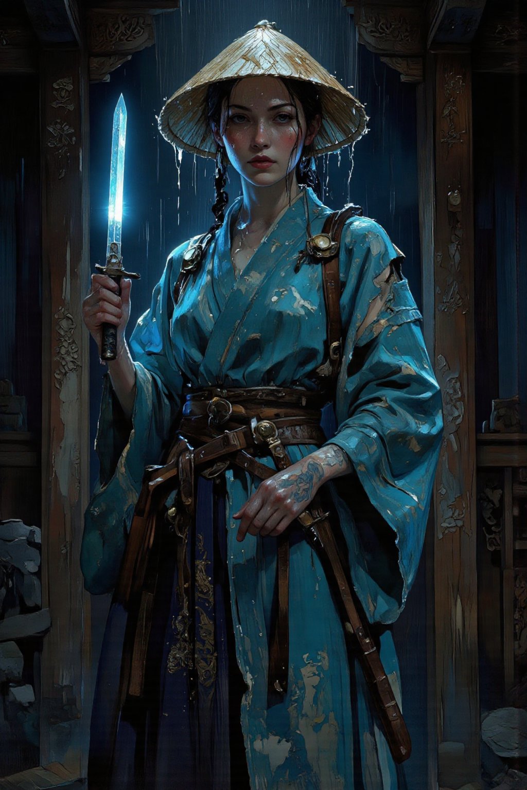 The digital art in the style of anime,  depicting a woman-warrior in traditional Japanese clothing. She should stand in a...