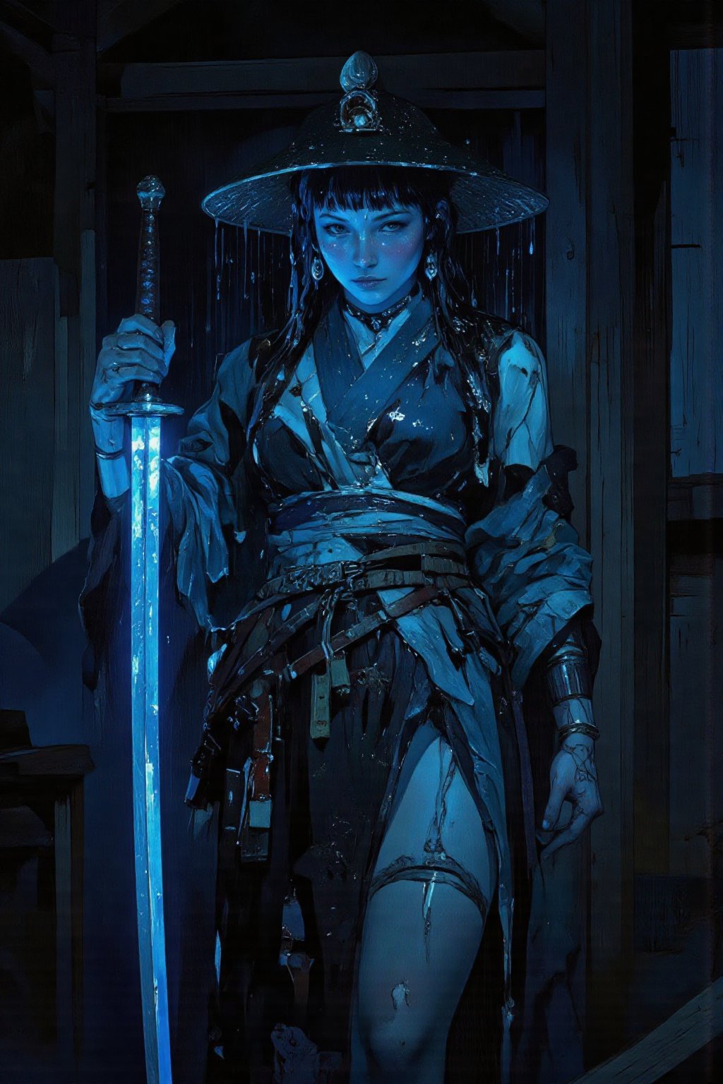 Create digital art in the style of anime,  depicting a woman-warrior in traditional Japanese clothing. She should hold a k...