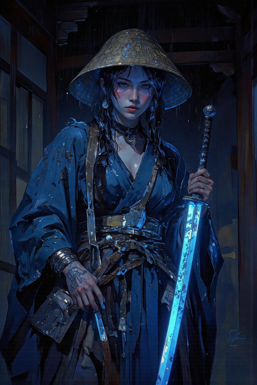 Create digital art in the style of anime,  depicting a woman-warrior in traditional Japanese clothing. She should hold a k...