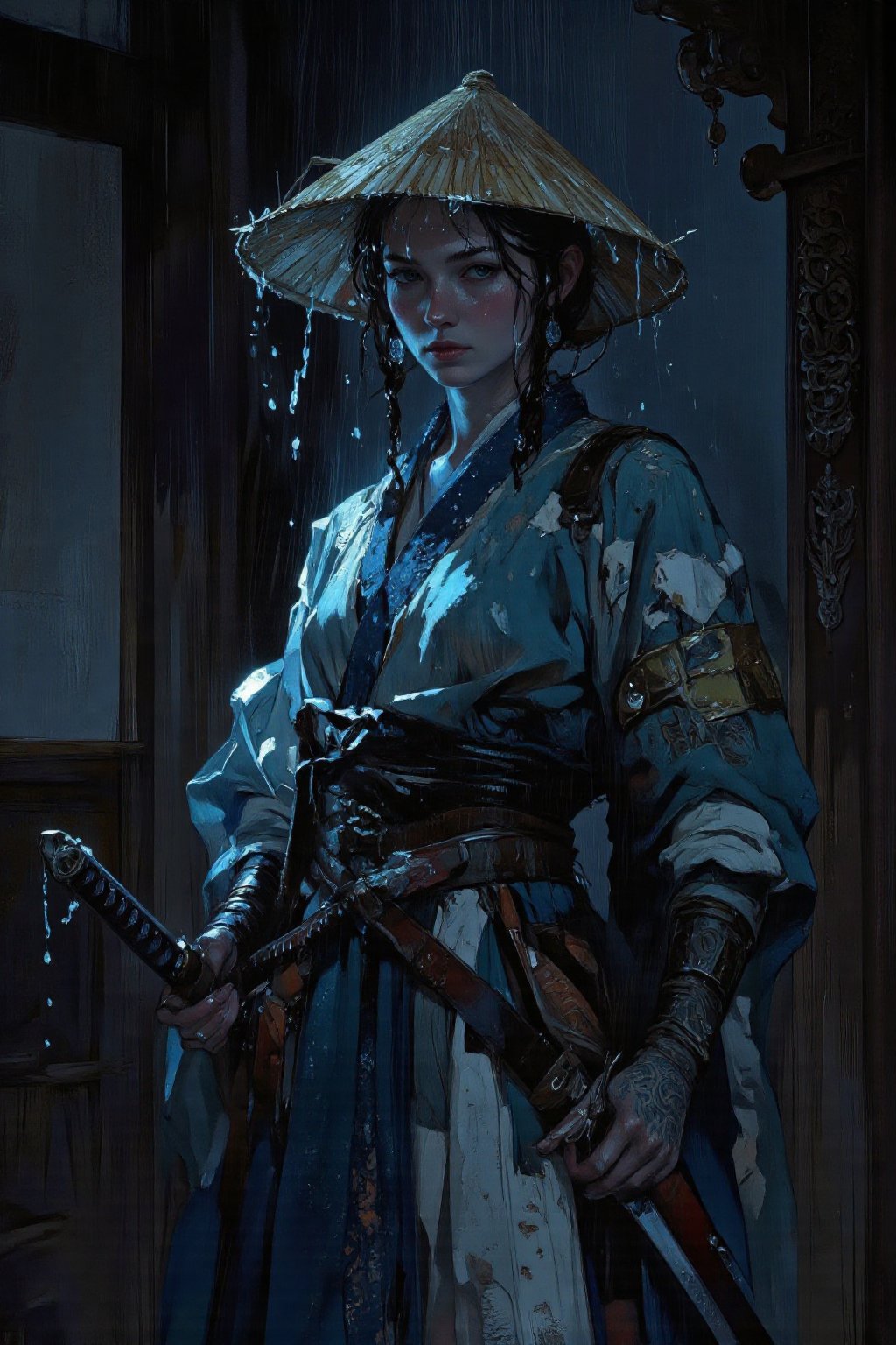 The digital art in the style of anime,  depicting a woman-warrior in traditional Japanese clothing. She should stand in a...