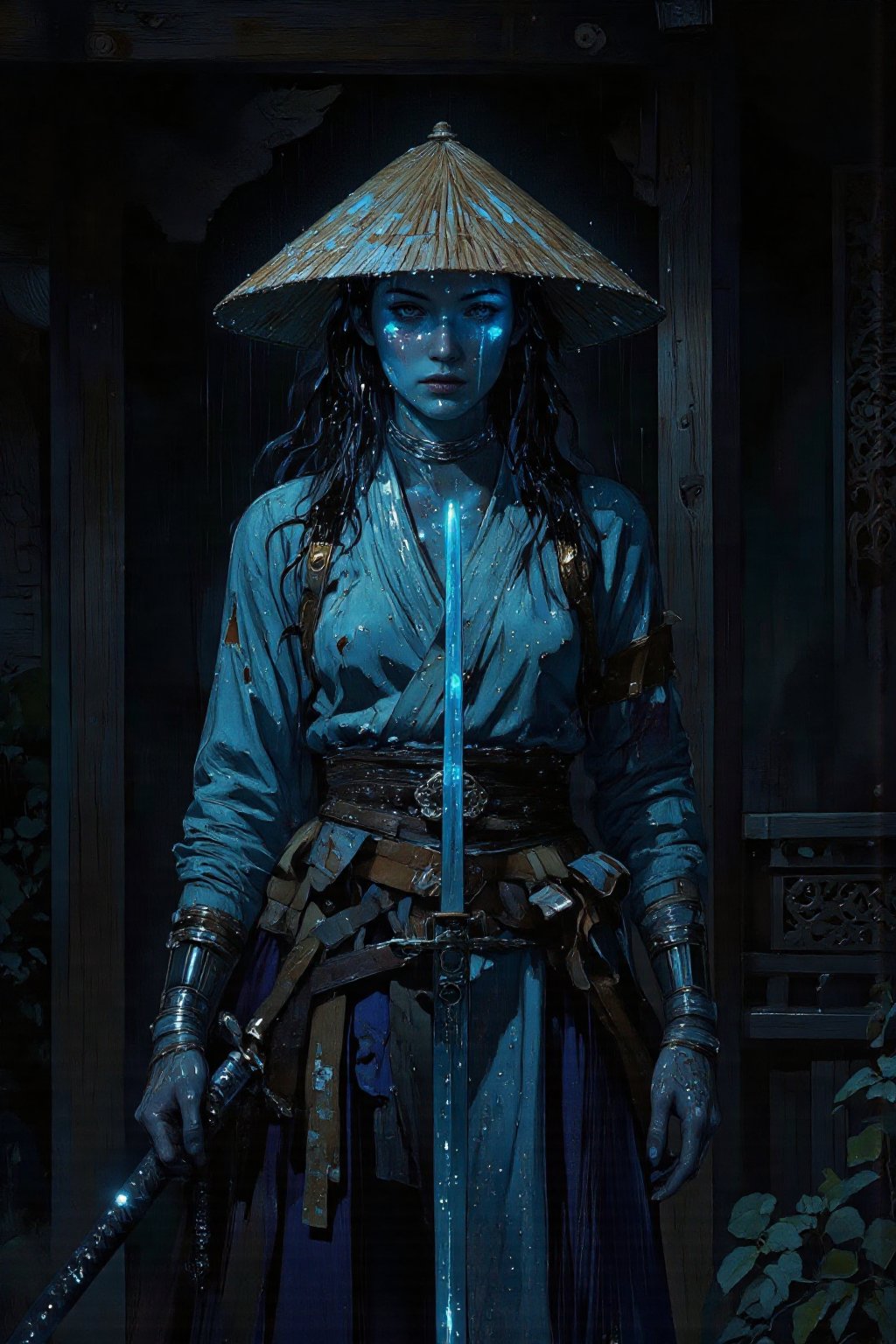 The digital art in the style of anime,  depicting a woman-warrior in traditional Japanese clothing. She should stand in a...