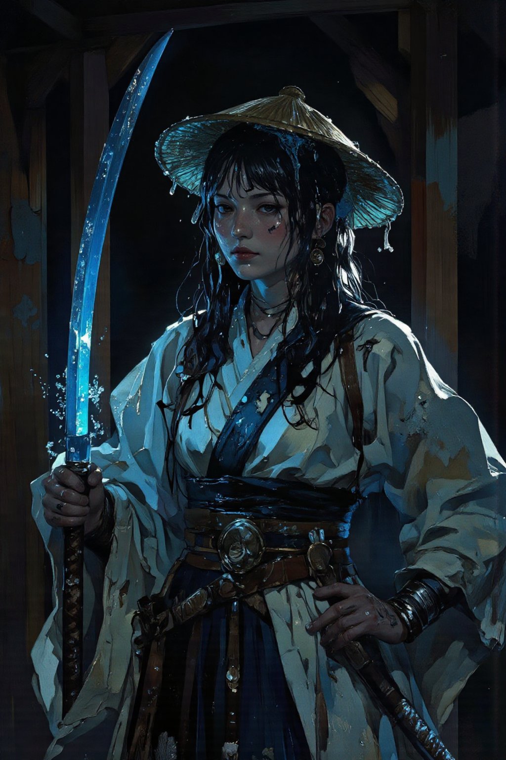 Create digital art in the style of anime,  depicting a woman-warrior in traditional Japanese clothing. She should hold a k...