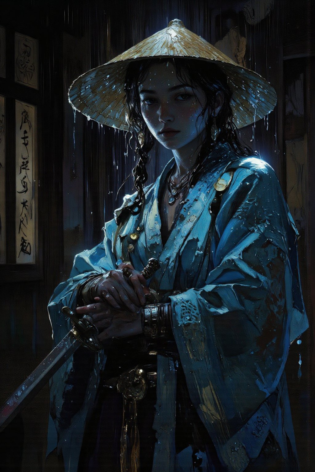 The digital art in the style of anime,  depicting a woman-warrior in traditional Japanese clothing. She should stand in a...