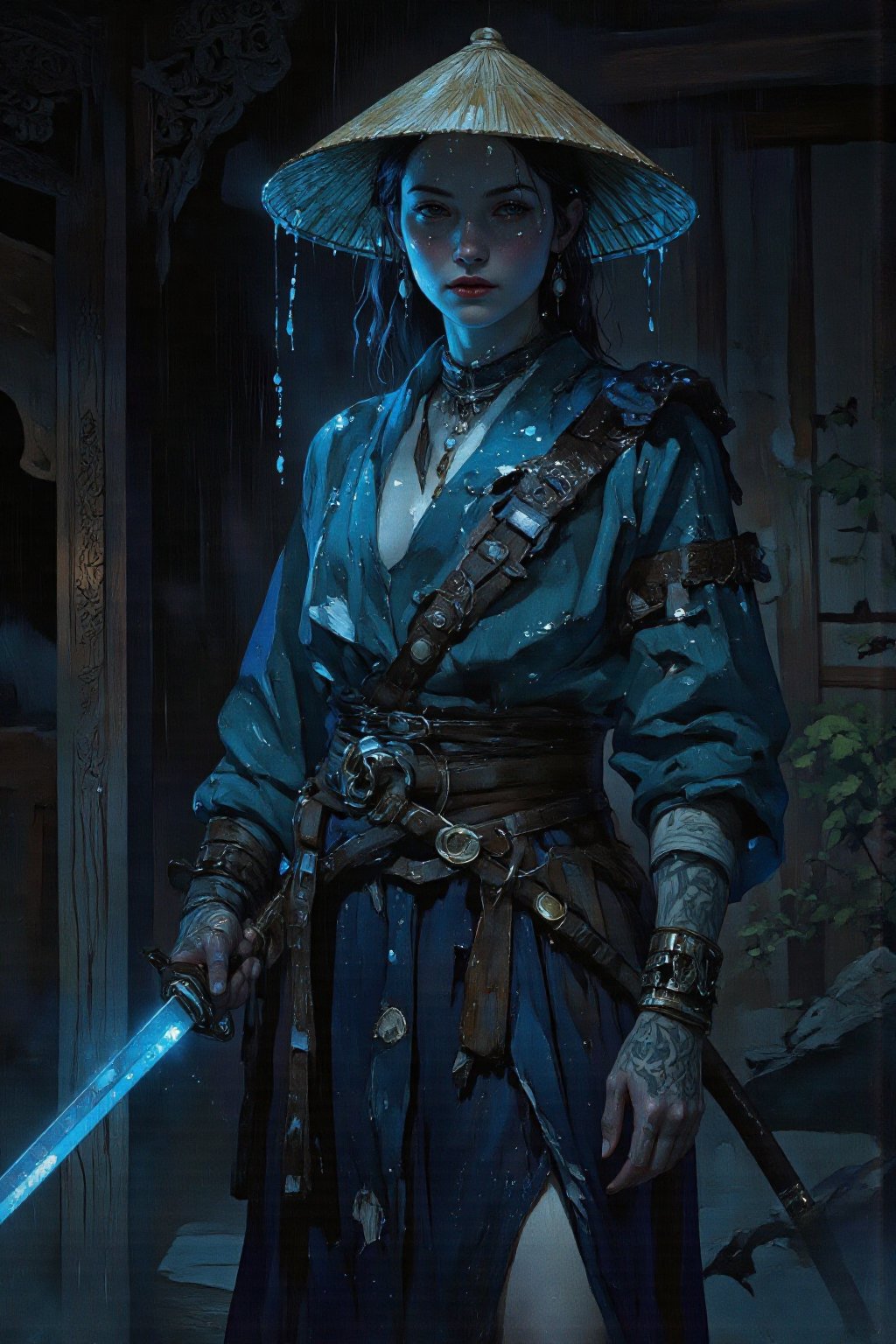 The digital art in the style of anime,  depicting a woman-warrior in traditional Japanese clothing. She should stand in a...