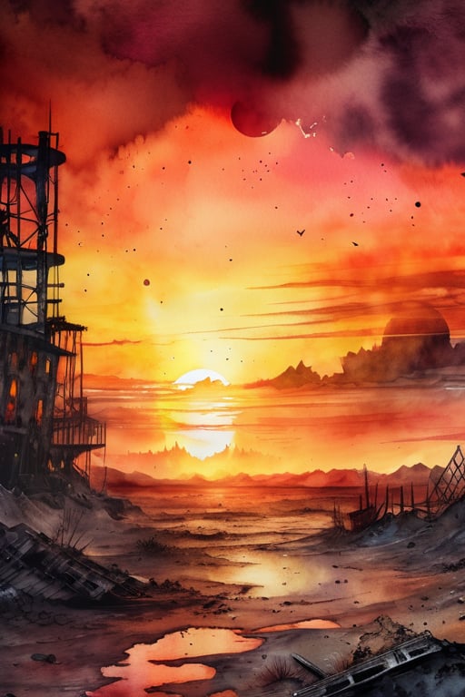 post-apocalyptic sunset at the end of the world of the new dawn aquarelle drawing , detailed, realistic, 8k uhd, high quality
, detailed, realistic, 8k uhd, high quality